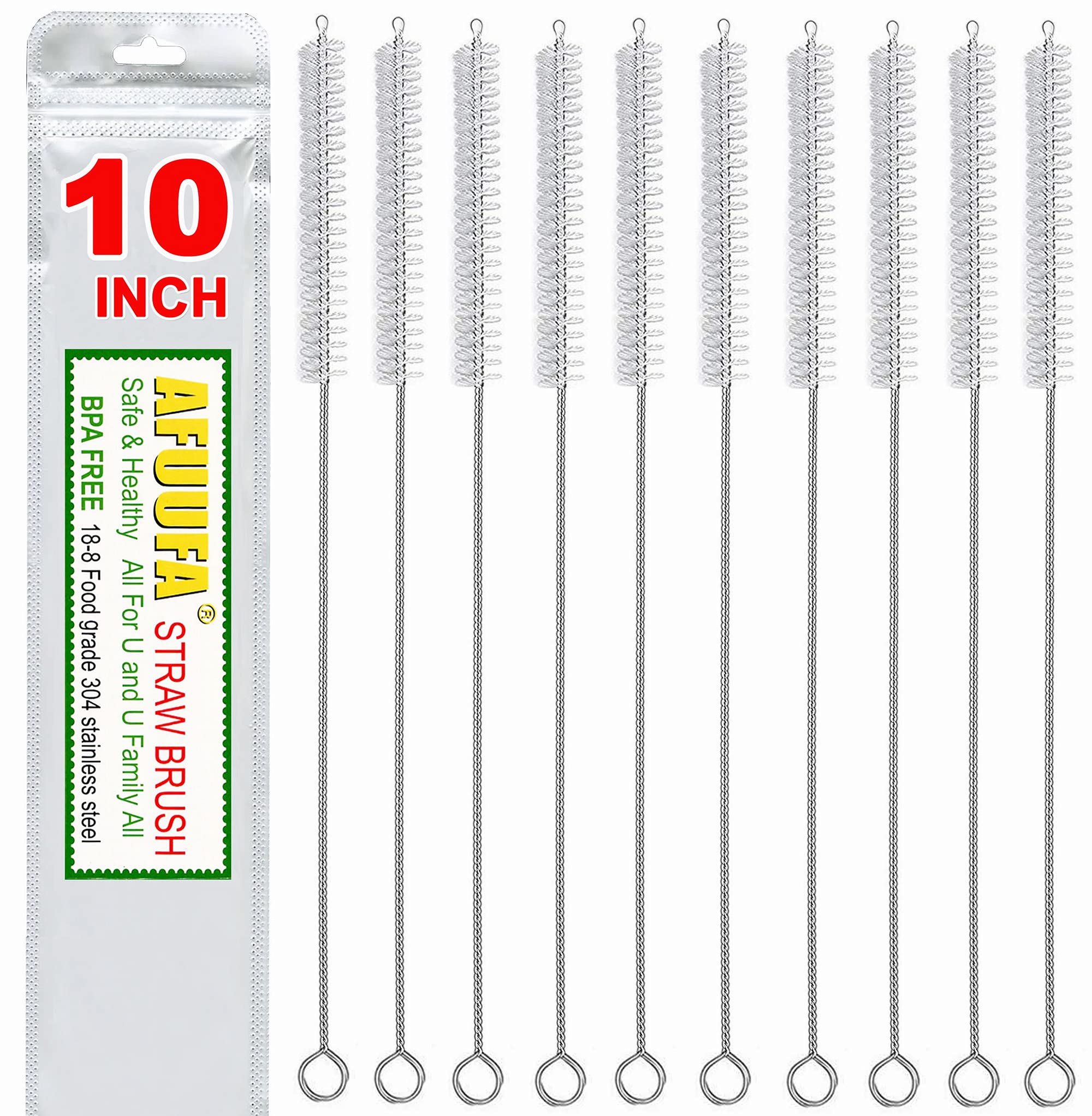 AFUUFAストローブラシ、パイプクリーナーは長さ10インチ x 直径2/5インチ、チューブ用ストロークリーニングブラシ、ナイロンブラシ、ステンレススチールハンドル付きチューブクリーナー、10個パック。