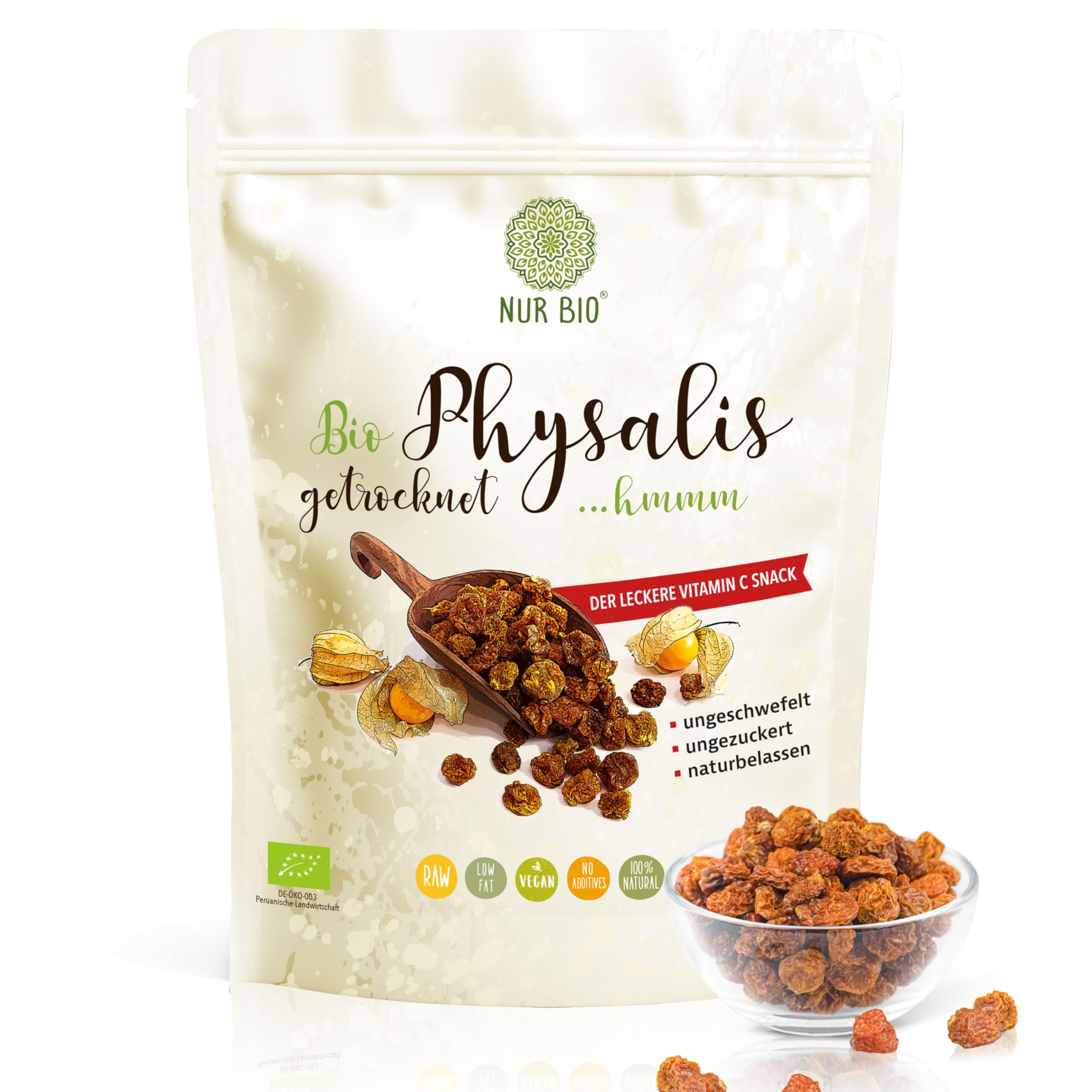 NUR BIO Physalis Beeren getrocknet 400 g, sonnengereifte Bio Andenbeeren, Inka Beere, ungeschwefelte, ungezuckert Superfood aus Peru