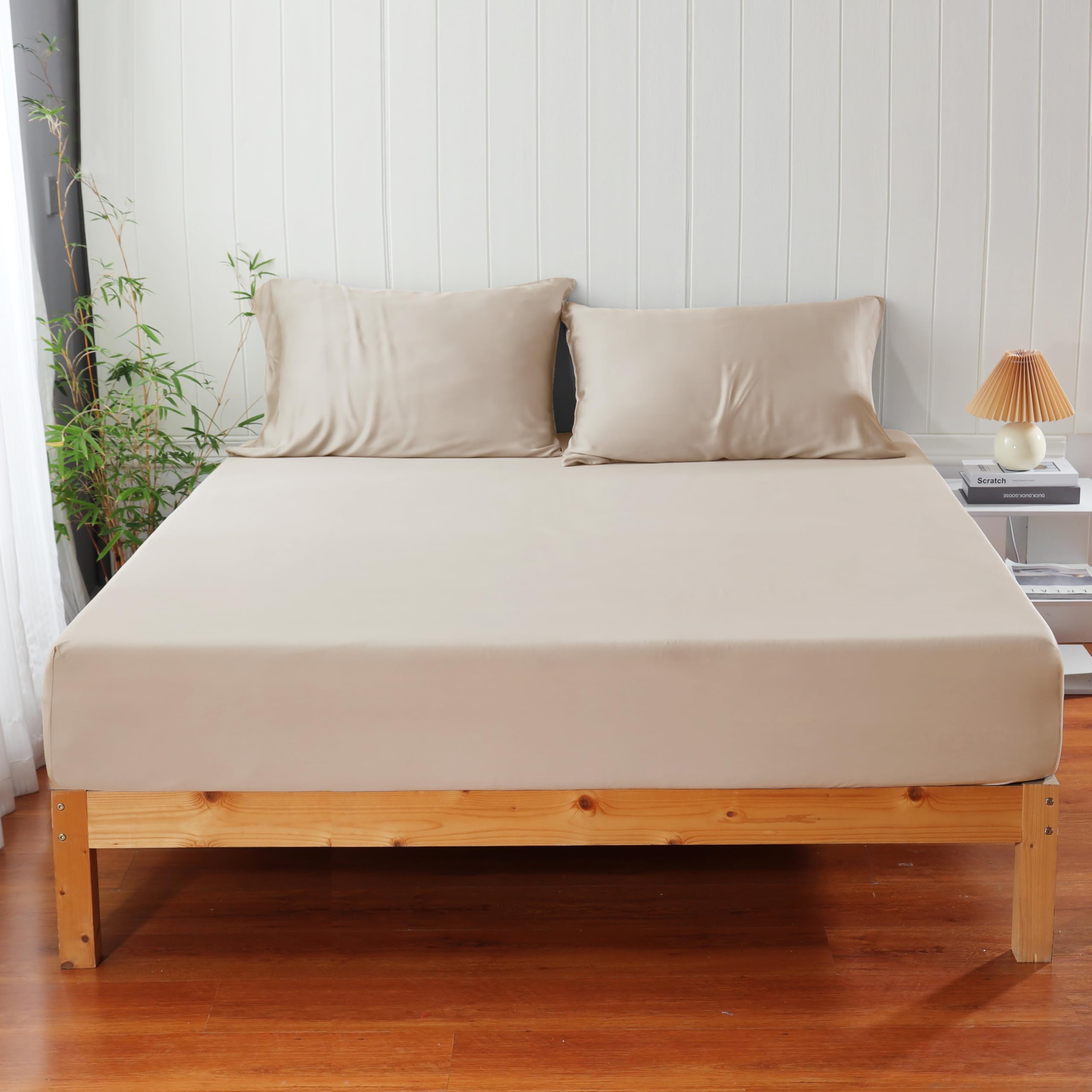 100% Viscose Derived from Bamboo Fitted Sheet with 16" Deep Pocket, Hotel Luxury Silky Bedding, Ultra Soft, Cooling for Hot Sleepers(Beige King)