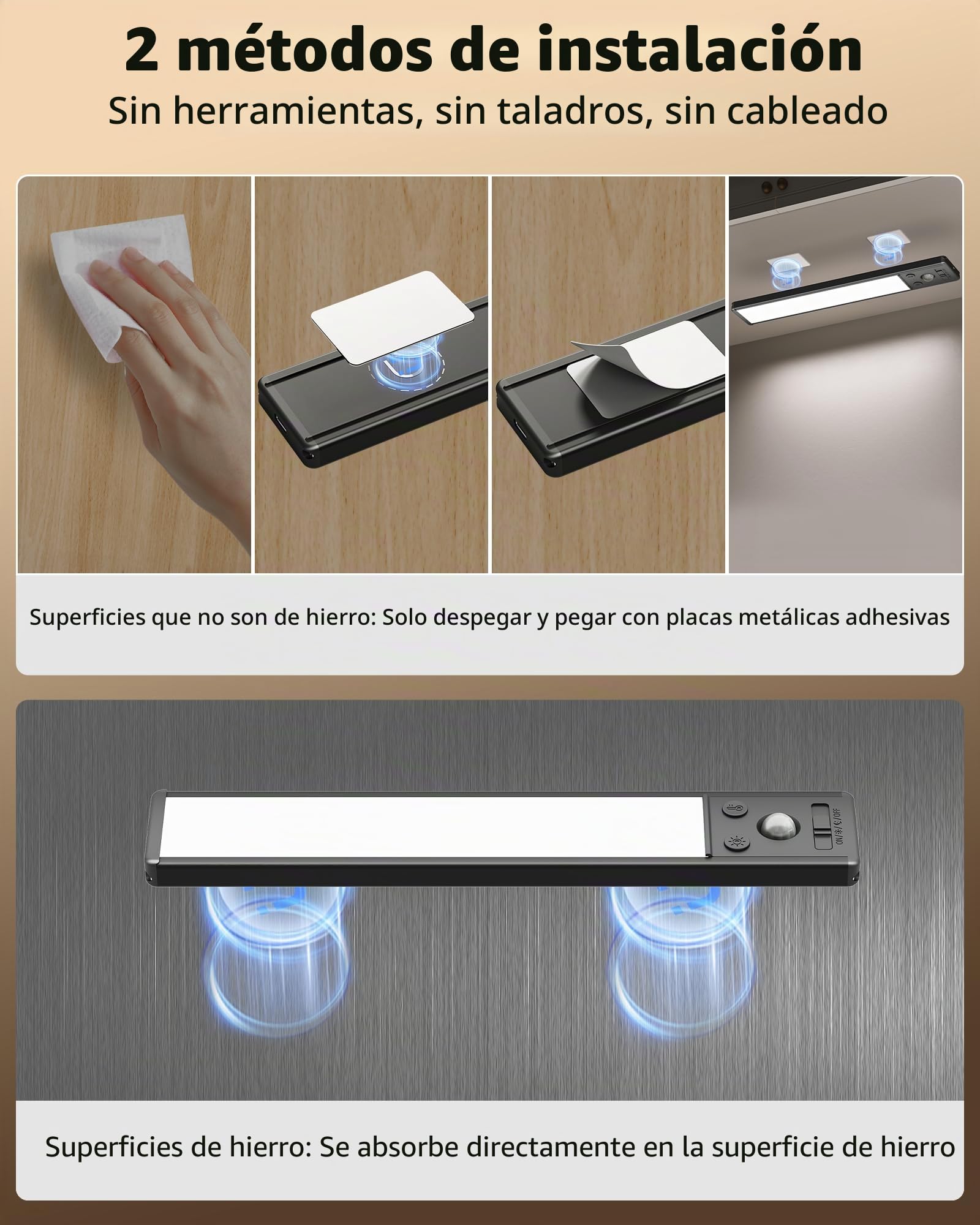 EZVALO 25 cm (2 Piezas) Luz LED para Armario con Sensor de Movimiento, 3 Temperaturas de Color, 1900 mAh Recargable, Luces LED Magnéticas para Bajo Mueble de Cocina, Dormitorio y Pasillo (Negro)