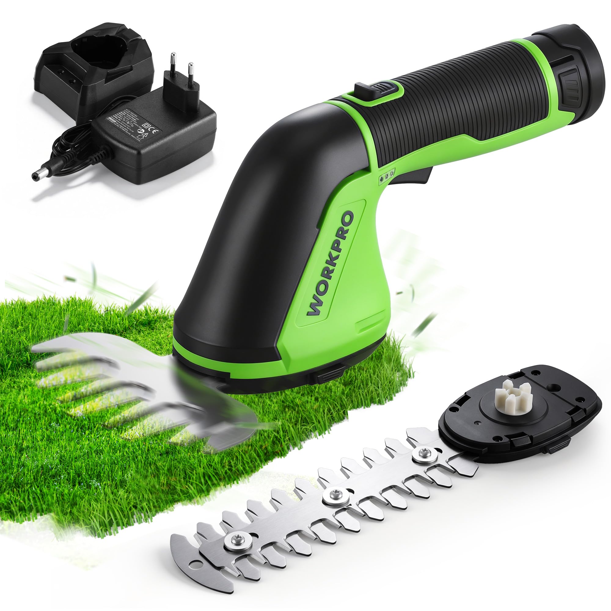 WORKPRO Gartenschere Akku 12V, 2 in 1 Gras- & Strauchschere mit 2 Messern | Schnittbreite 125 mm, Schnittlänge 160 mm, 2000 mAh Akku, Heckenschere Elektrisch für Rasenkanten, Strauchschnitt