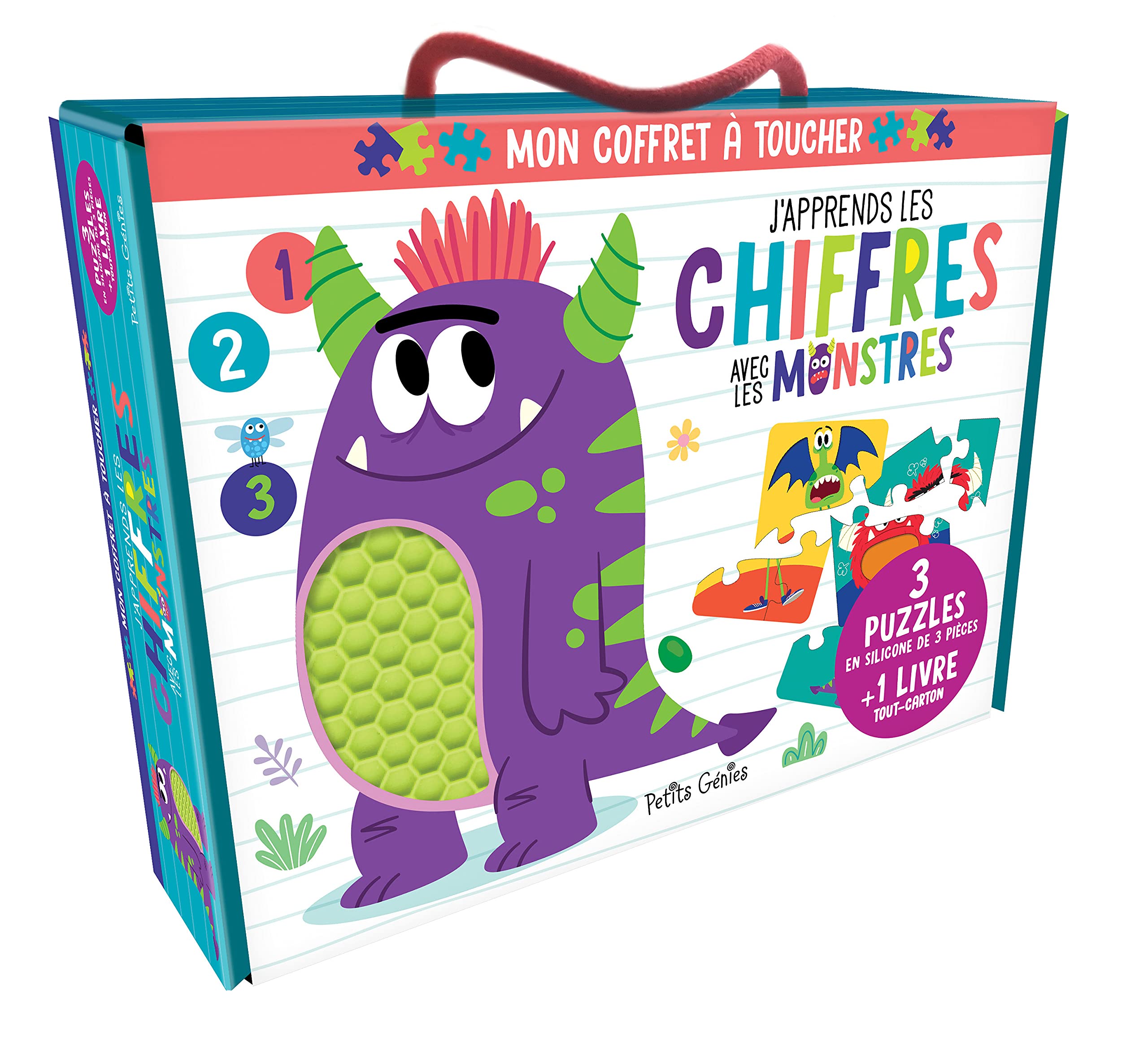 J'apprends les chiffres avec les monstres: Coffret avec 3 puzzles en silicone de 3 pièces et 1 livre tout-carton