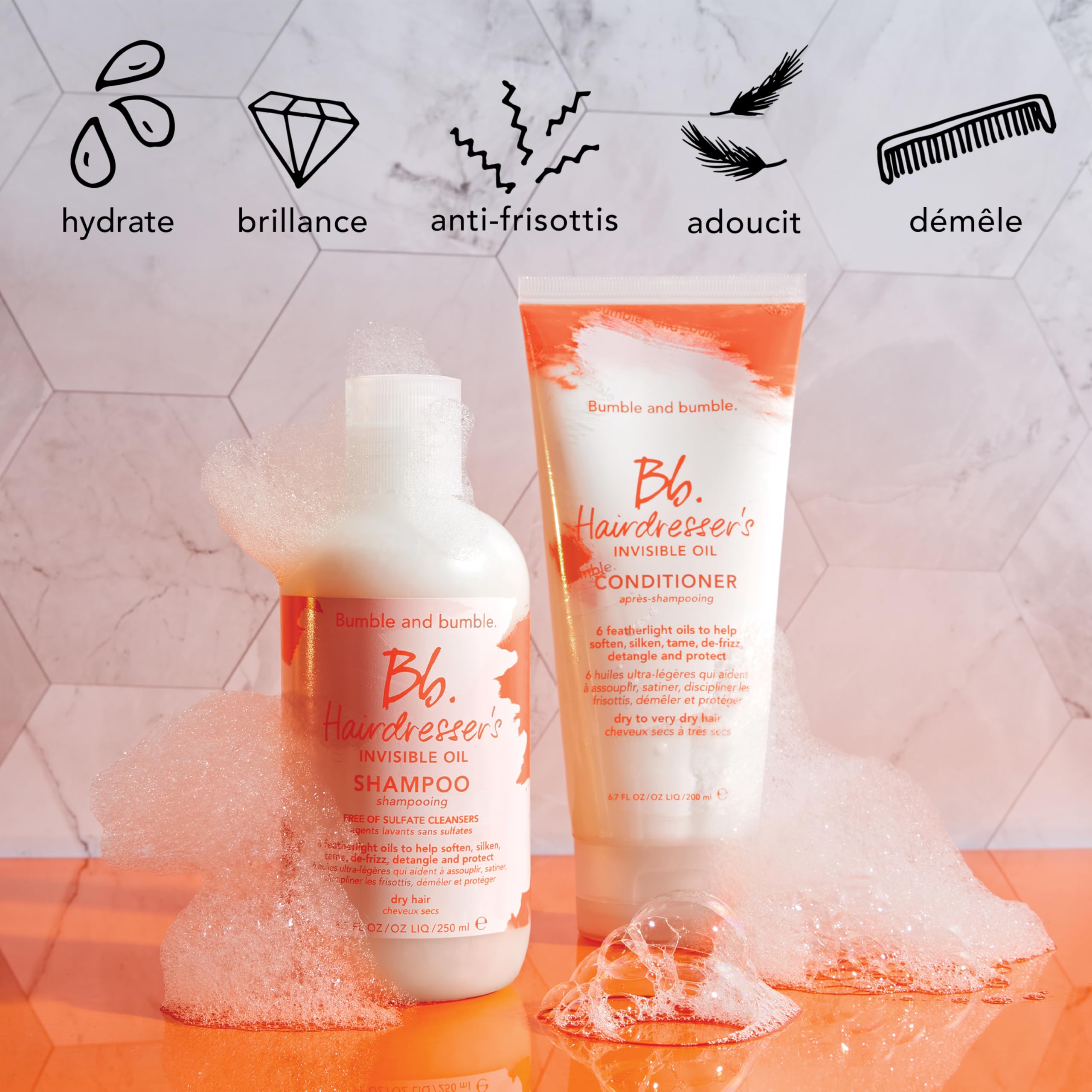 Bumble and Bumble Hairdresser's Invisible Oil Routine: Shampooing hydratant (250ml) + Après-Shampooing Hydratant (200ml) - Anti-Frisottis, Brillance, Protège La Couleur - Bouclés, ondulés, raides