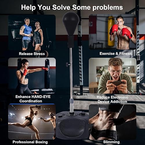 Miniatura 6 de Saco de boxeo con soporte rápido para aumentar la velocidad, reflejos y resistencia  Altura ajustable para entrenamiento, equipo de boxeo, alivio