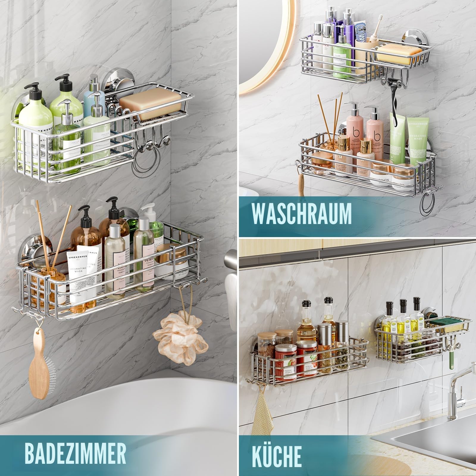 TAILI Duschablage Ohne Bohren Rostfreie Duschregale für die Dusche Große Kapazität Bad Organizer Ohne Bohren Badezimmer Zubehör für Shampoo Duschkorb Küche Organizer, Silber