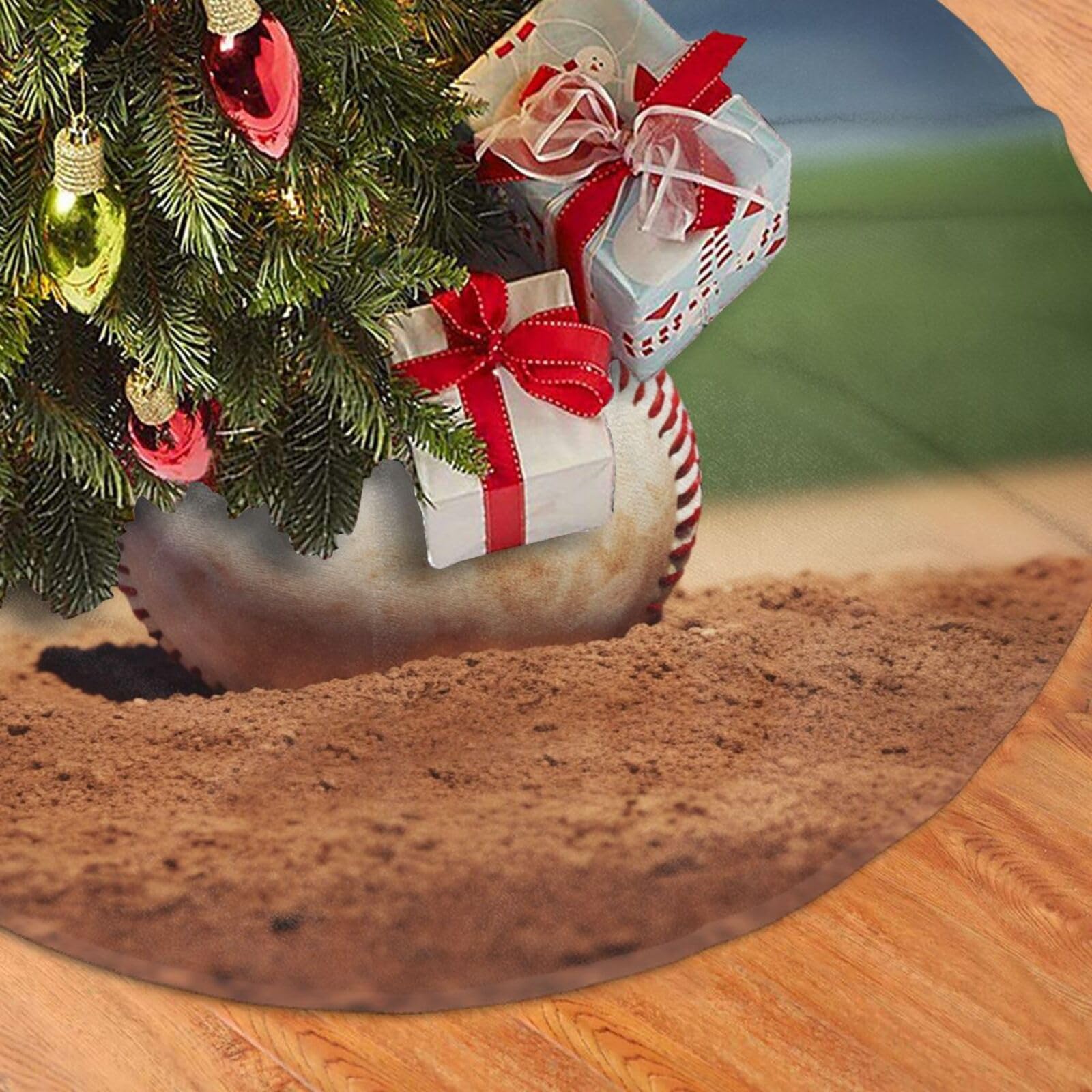 Fodpand Black Baseball Christmas Tree Skirt 36" Velvet Xmas Tree Skirt Mat Rustic Christmas Tree Mat Cover Winter Xmas Tree Collar For Indoor Outdoor Christmas Decorations