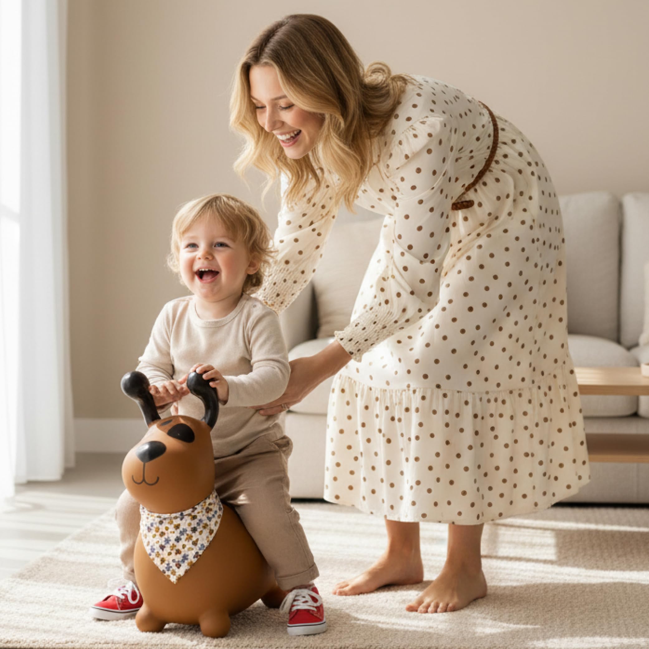 sun baby Saltador Hinchable para Niños hasta 45 Kg sin BPA, de 1 año, Pelotas saltarinas para niños (Perro marrón con Bandana)