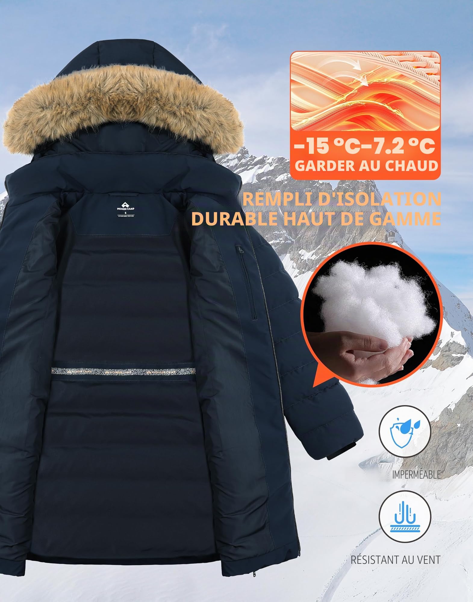 Pioneer Camp Manteau Femme Hiver Chaud avec Capuche Coupe-vent Imperméable Doudoune Longue Veste MatelasséE 2 Zippée Rembourré Manteaux Fermetures Éclair Latérales Parka