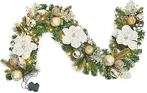GarveeHome 6FT Christmas Garland with Lights, Prelit Christmas Garland for Mantle with 20 LED Lights Timer Gold Balls Magnolia Flower, Indoor Outdoor Xmas Garland for Fireplace Holiday Decorations