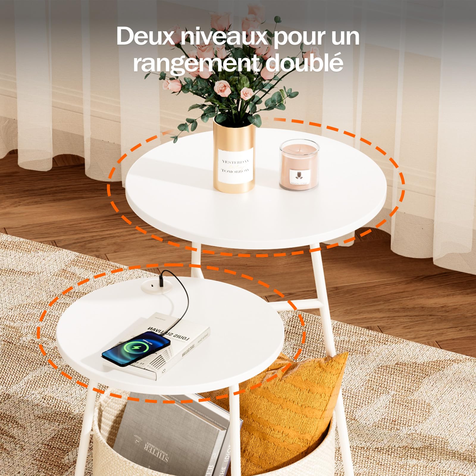 Rolanstar Table d’Appoint Ronde à 2 Plateaux Décalés, Table de Bout Empilable Moderne avec Panier de Rangement en Tissu, Table d’Accent Gain de Place pour Salon et Chambre, Blanc