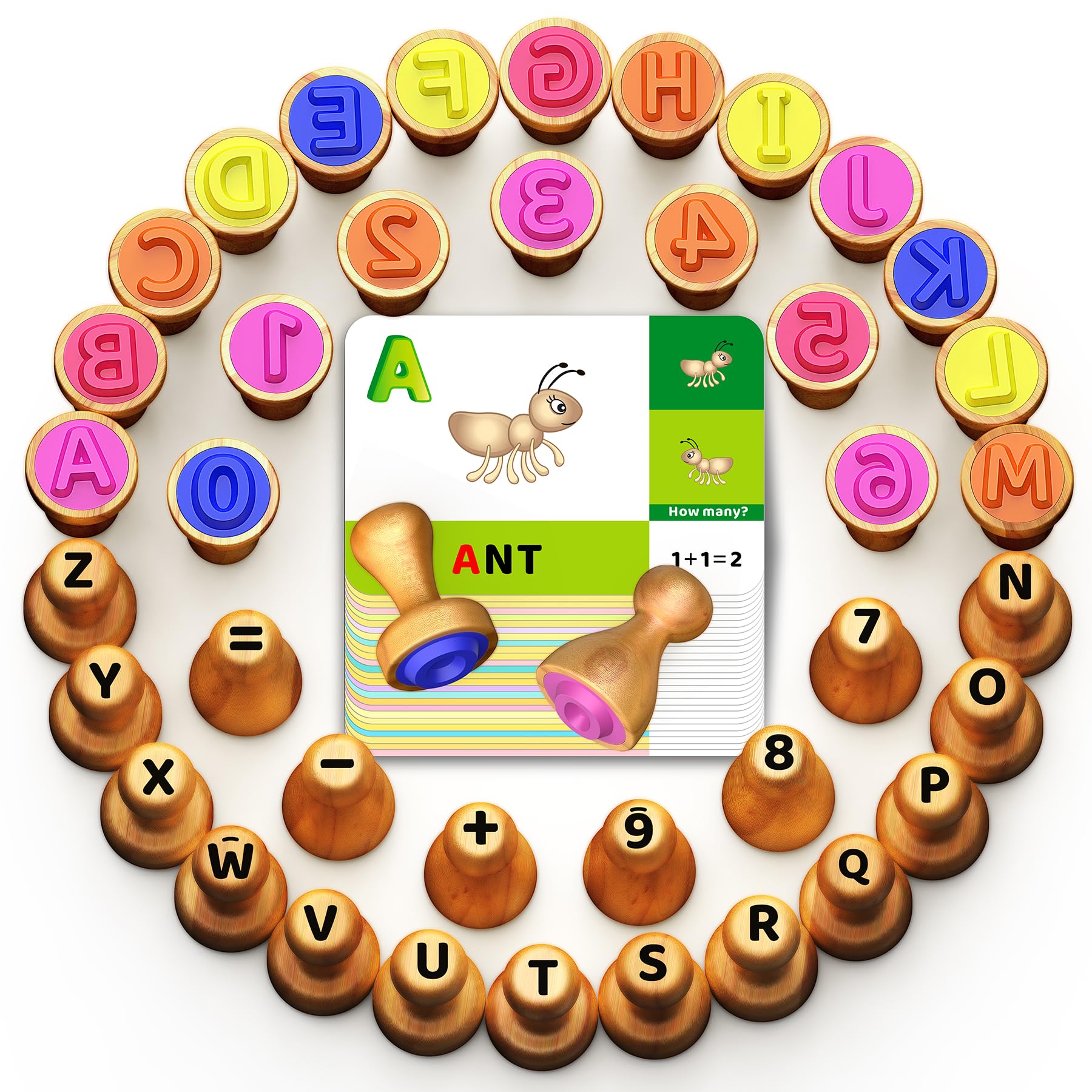 flycoost Wooden Alphabet Stamps & Number Letter Stamps for Kids - Montessori Learning Toys with Flashcards, ABC Spelling & Math Games for 3 4 5 Year Olds, Classroom Art Crafts Preschool Supplies