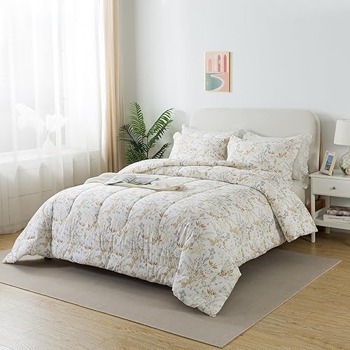 Miniatura 4 de Lemfux Juego de edredón tamaño individual, 3 piezas, 100% algodón con patrón floral caqui, juego de edredón delgado tamaño individual, estampado de