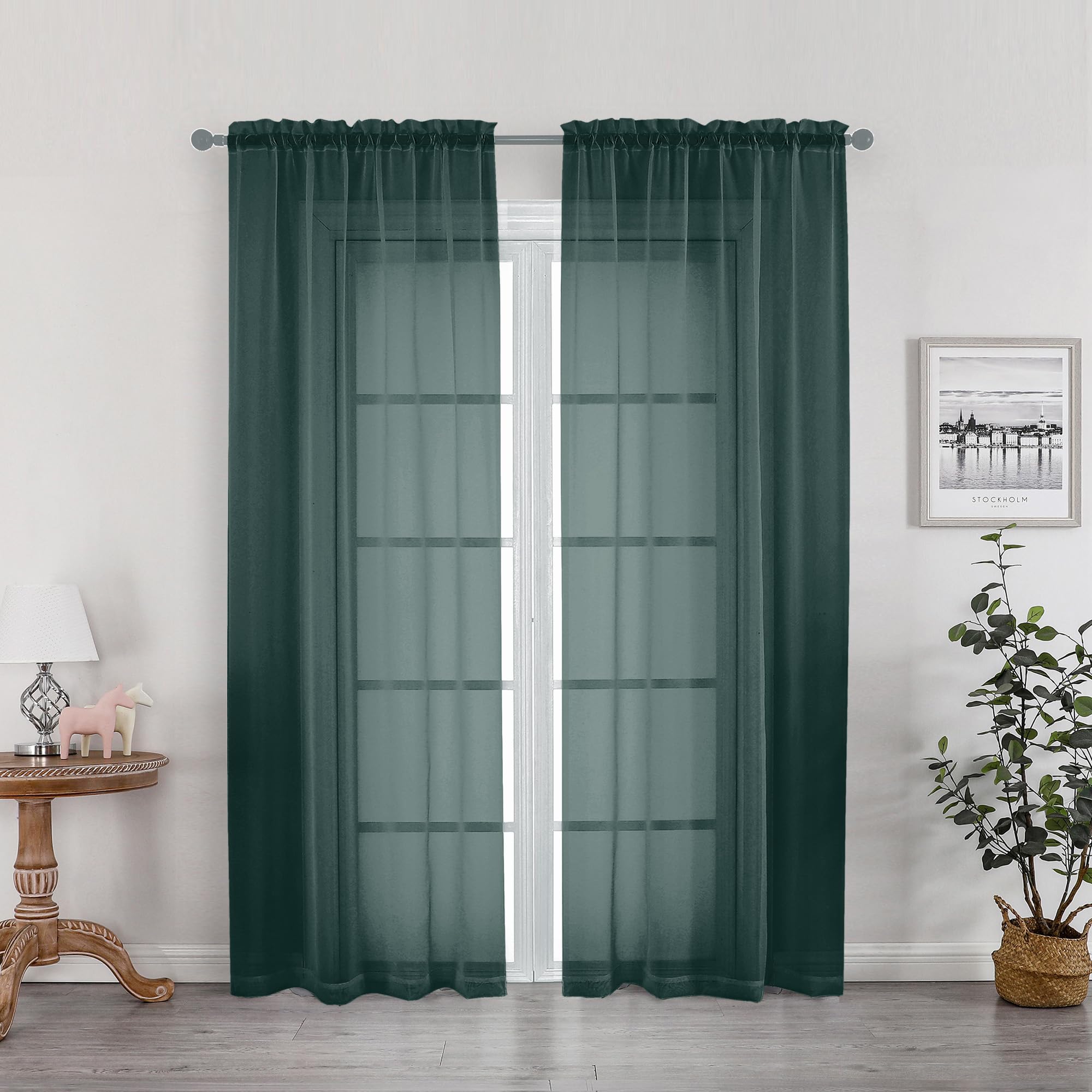 OWENIE Green Sheer Curtains 78 Inches Long for 2 Panels Set for Christmas, Solid Light Filtering Fimly Voile Sheer Curtains for Living Room Bedroom, Hunter Green, 42" x78