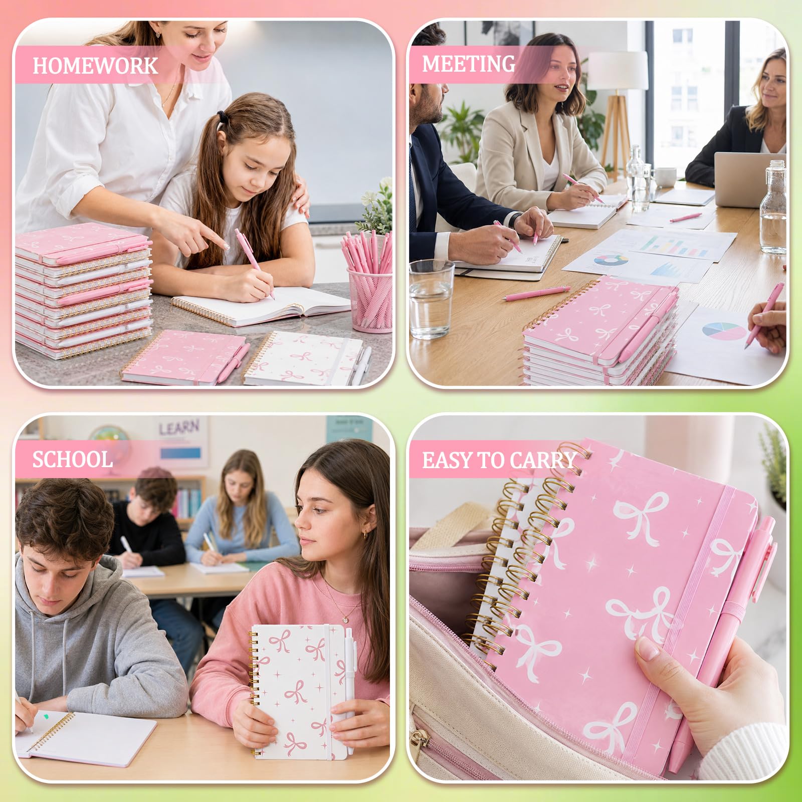 Fulmoon Set di 24 quaderni a spirale A6 con fiocco rosa con penne a sfera, 50 fogli, 10,2 x 15,2 cm, piccolo fiocco, quaderni a righe per il rientro a scuola, ufficio, regali per coquette