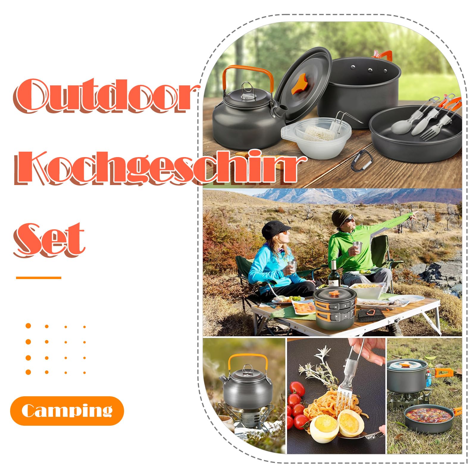 Camping Kochgeschirr Set, Outdoor Geschirr Set Kochtopf Set 10-teilig, Grillgeschirr Picknick Topf mit Aluminium Faltbare Töpfe und Pfannen, für 2-4 Personen, Outdoor Wandern Picknick BBQ