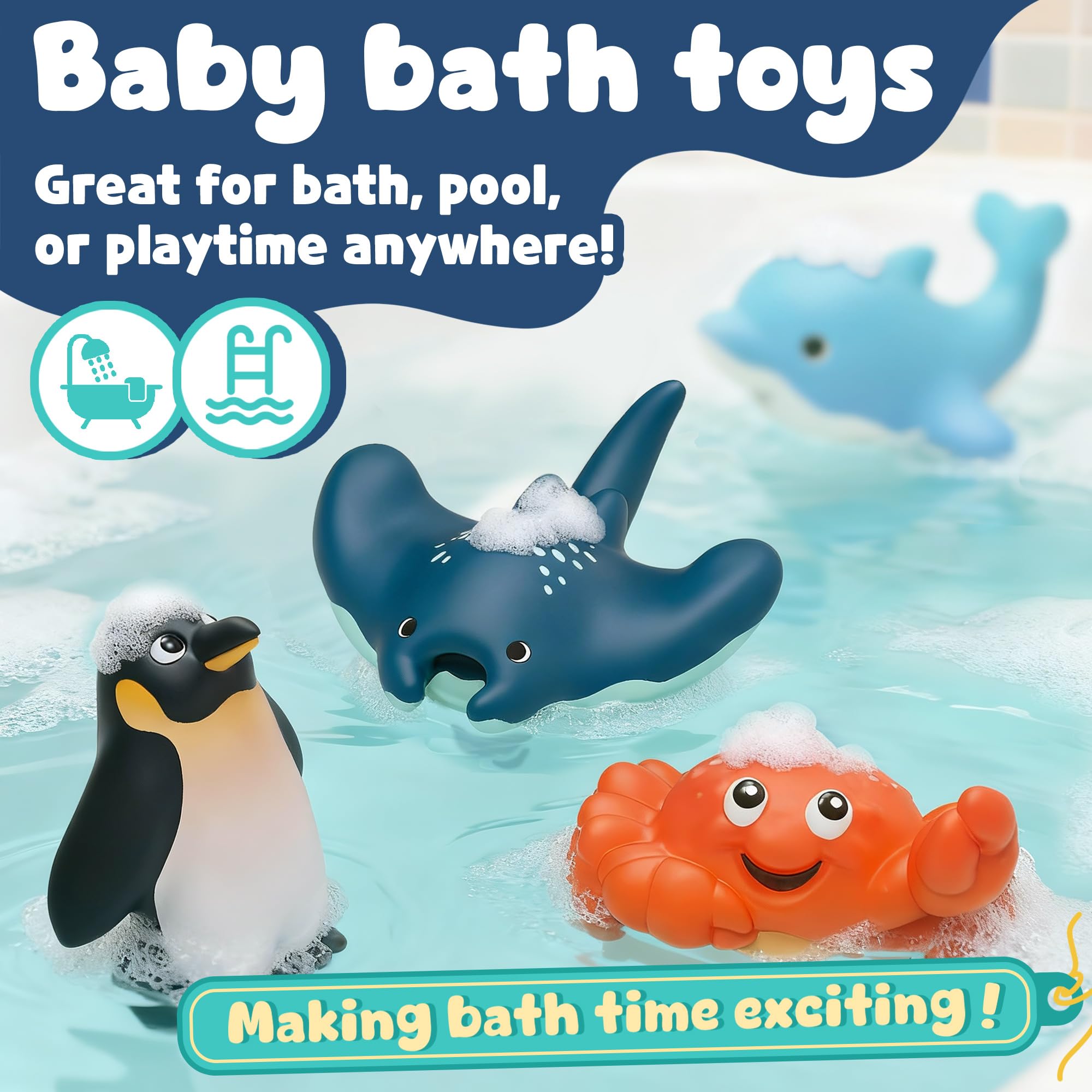 6er Set Ozean Badespielzeug für Kleinkinder 6m ohne Bohren ohne Form Badewannenspielzeug ohne Form Hai Wal Delphin Pinguin Meerestiere Set für den