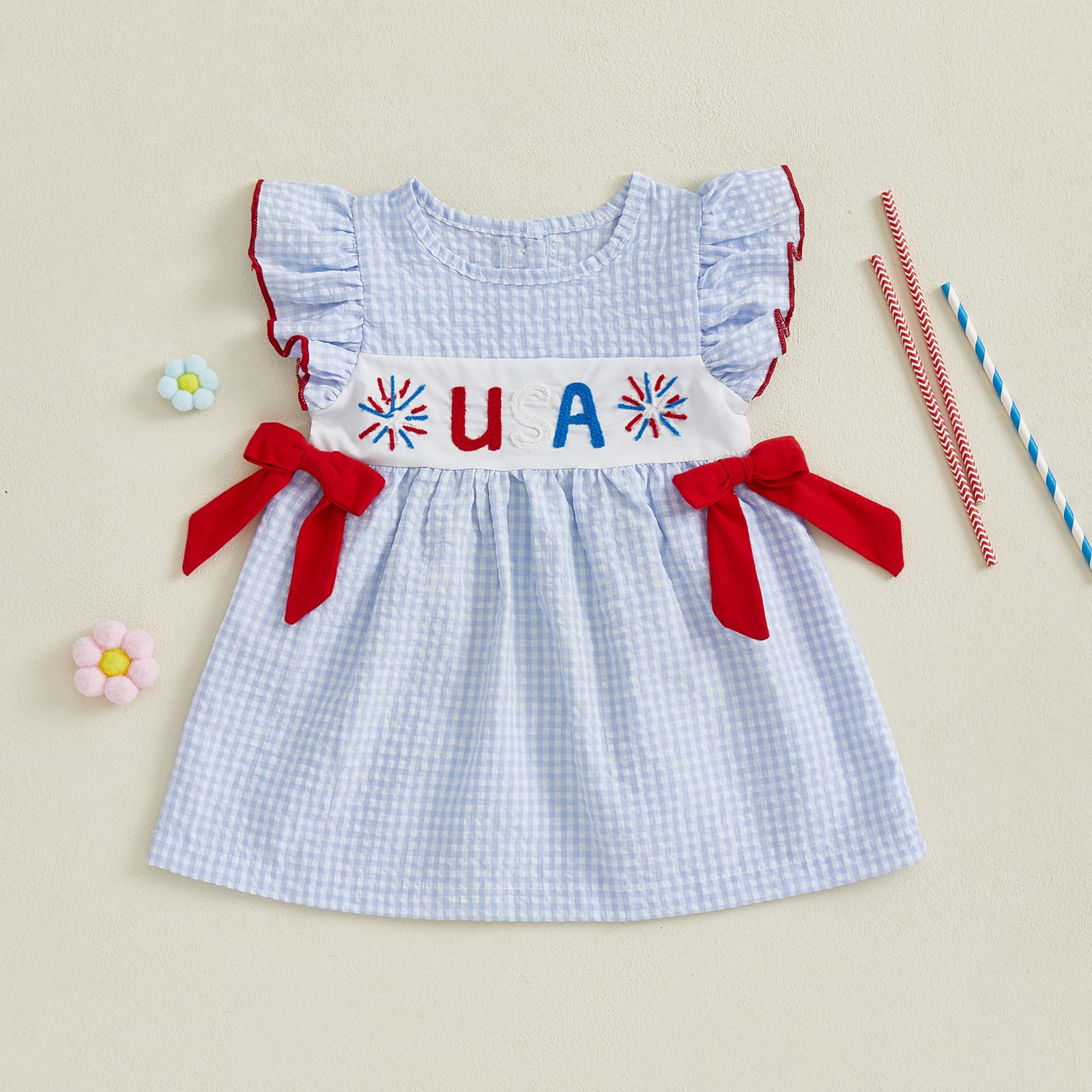 Toddler Baby Girl 4th of July Dress Flutter Sleeve American Flag Embroidery Plaid Smocked A-line Dress (Blue Firework, 18-24 Months)