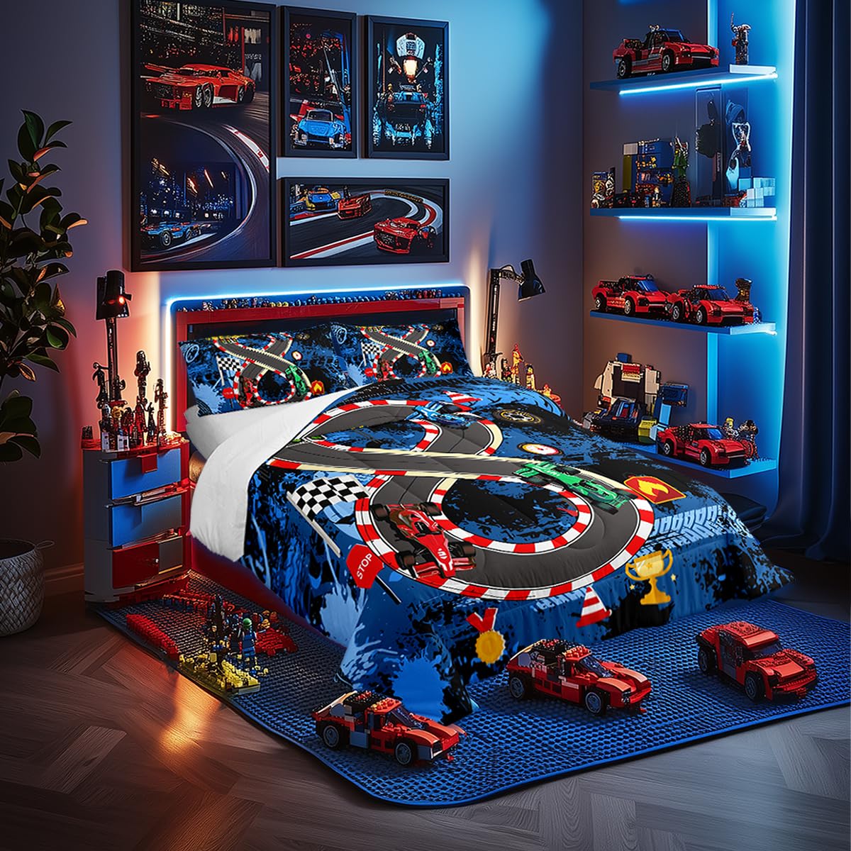 Racing Track Boys Car Bed Comforter Sets,Twin Cars Bedding Set Teens Cartoon Extreme Sports Quilt Set for Bedroom Decoration,Car Lover Bedding,Cool Speed Bedding Comforter Set Kids Quilt Comforter
