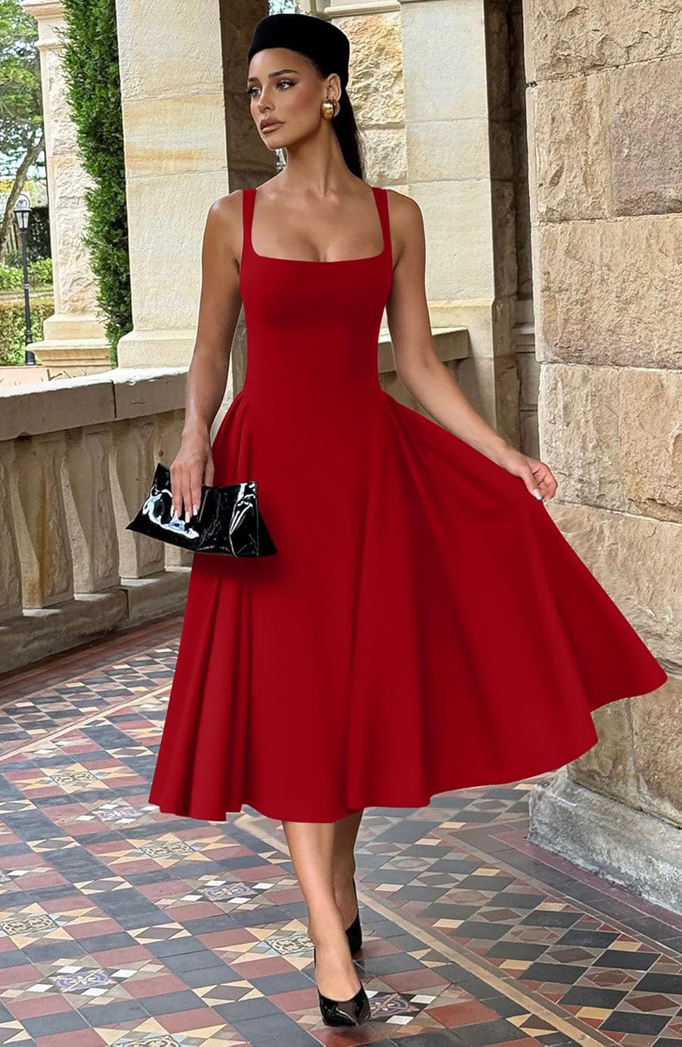 Memoriesea Women's Elegant Square Neck Swing A Line Wedding Evening Party Midi Dress - Image 6