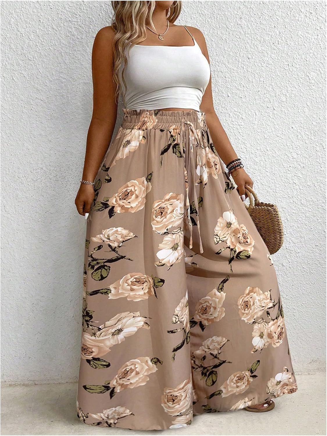 Women's Plus Size Floral Palazzo Pants Elastic High Waist Wide Leg Boho Vacation Long Trousers - Image 4