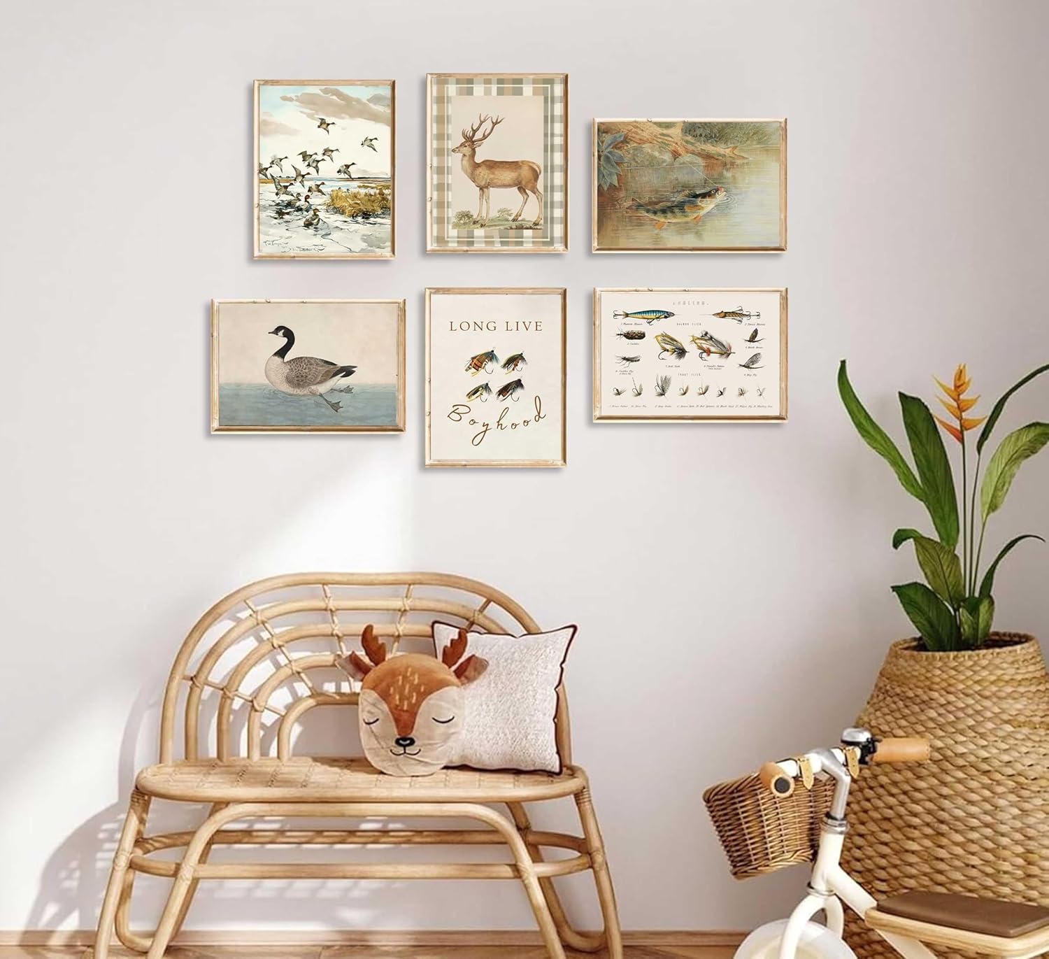 RHYQYGPX 6Pcs Vintage Nursery Wall Art Baby Boy Room Canvas Prints Fishing Hunting Kids Pictures Wall Decor Rustic Deer Fish Posters Mallard Duck Paintings for Boys Room Farmhouse Unframed