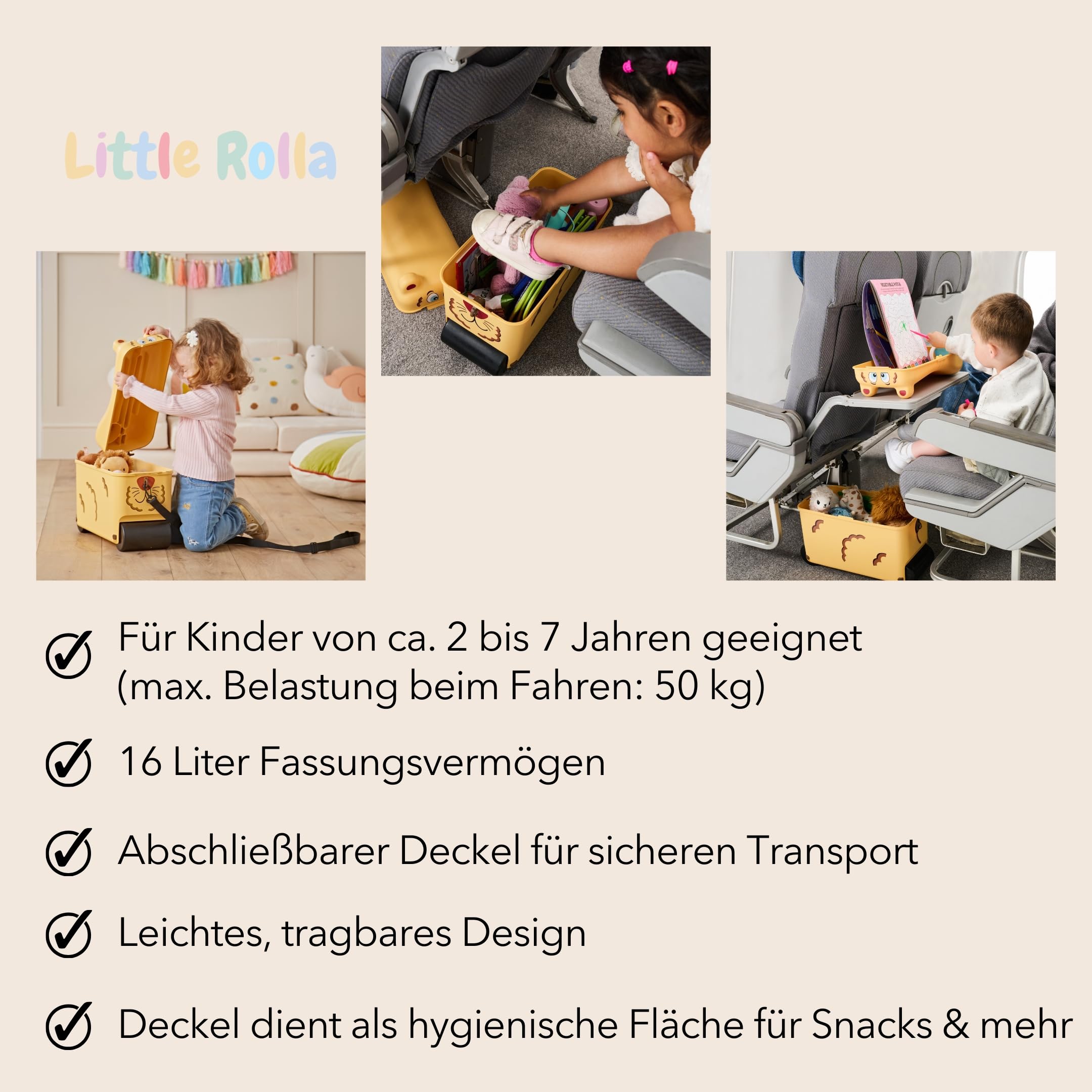 Kinderkoffer – Aufsitzkoffer & Handgepäck für Kinder 2–7 Jahre | 16L Ride-On Koffer mit abschließbarem Deckel, Tragegurt & Tablett – Reisekoffer zum Ziehen & Draufsitzen (Löwe)