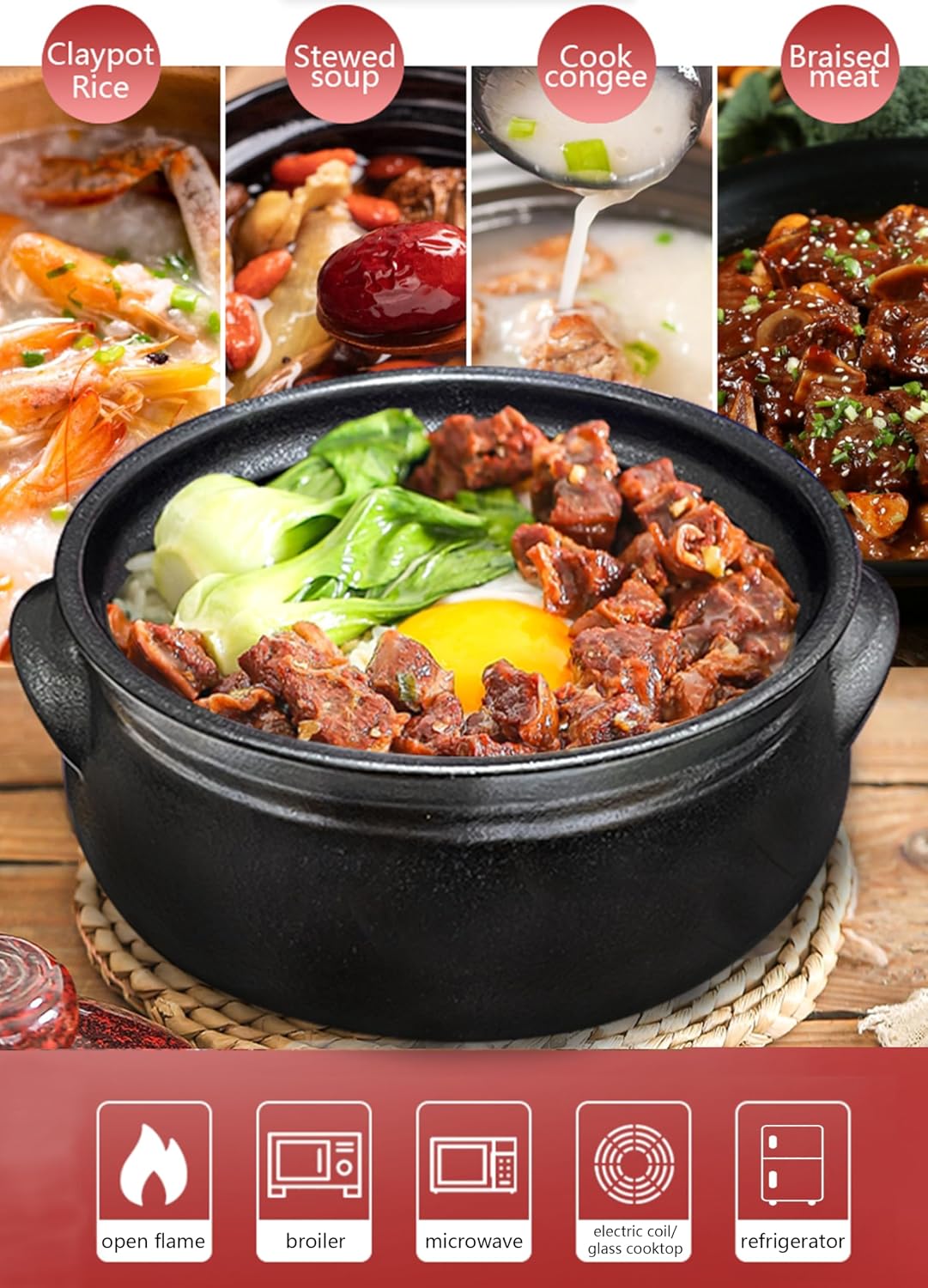 Korean Premium Stoneware Black Casserole Clay Pot with Lid,For Cooking Hot Pot Dolsot Bibimbap and Soup .(1100ml)