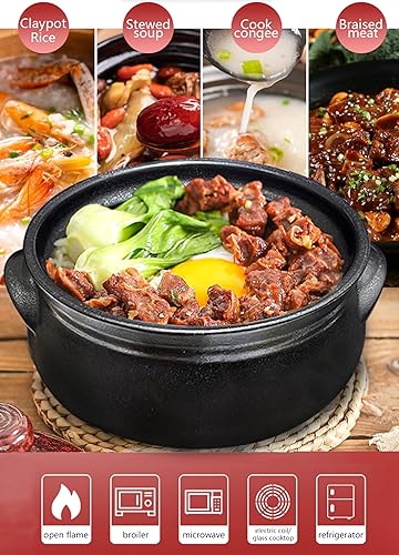 Miniatura 6 de Cazuela de cerámica coreana de cerámica negra con tapa, para cocinar olla caliente Dolsot Bibimbap y sopa (37.2 fl oz)