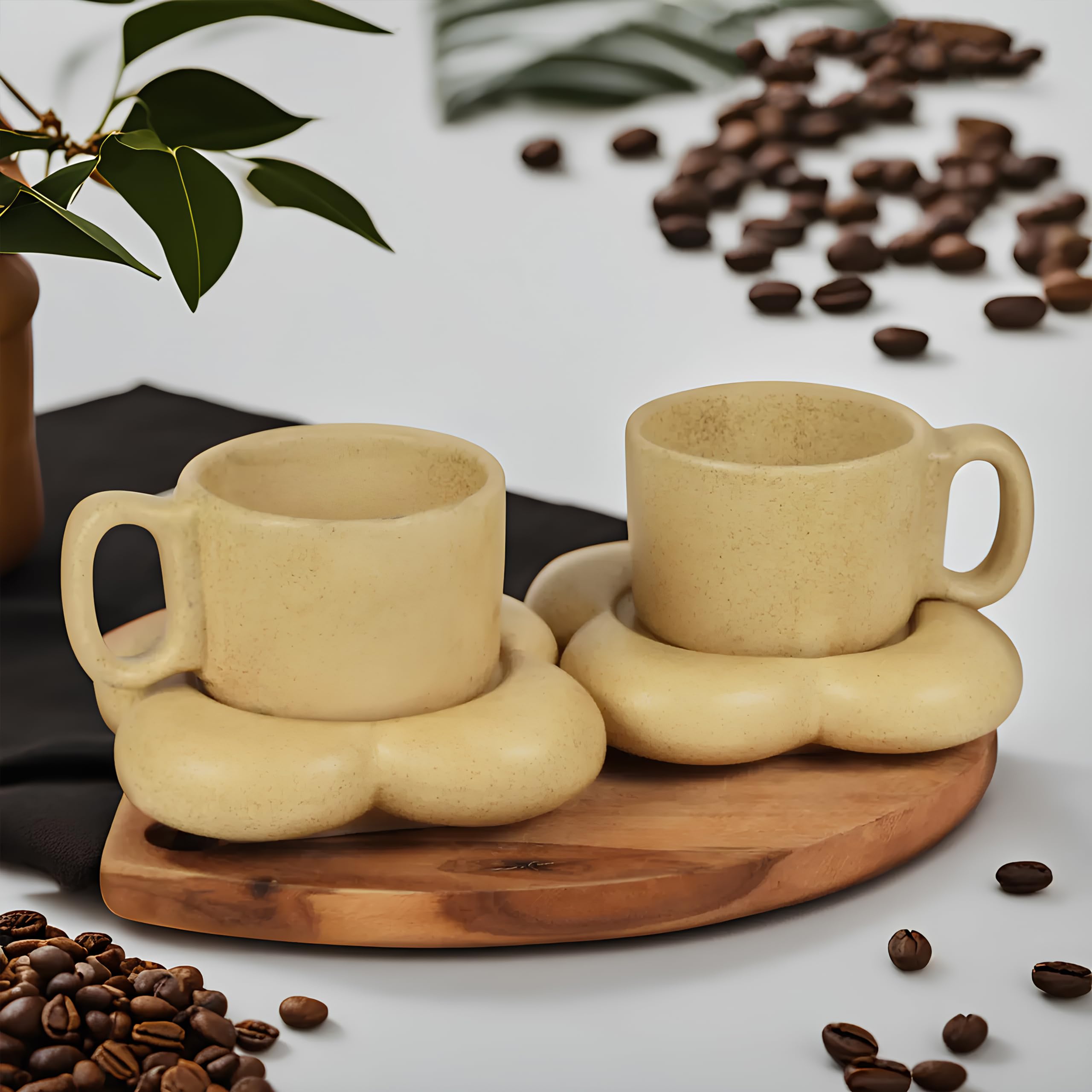 KAOLINITE Premium Ceramic Cup and Saucer Set | Handprinted Bubble Design | Microwave & Dishwasher Safe | Coffee Tea Set for 2 | 240ml