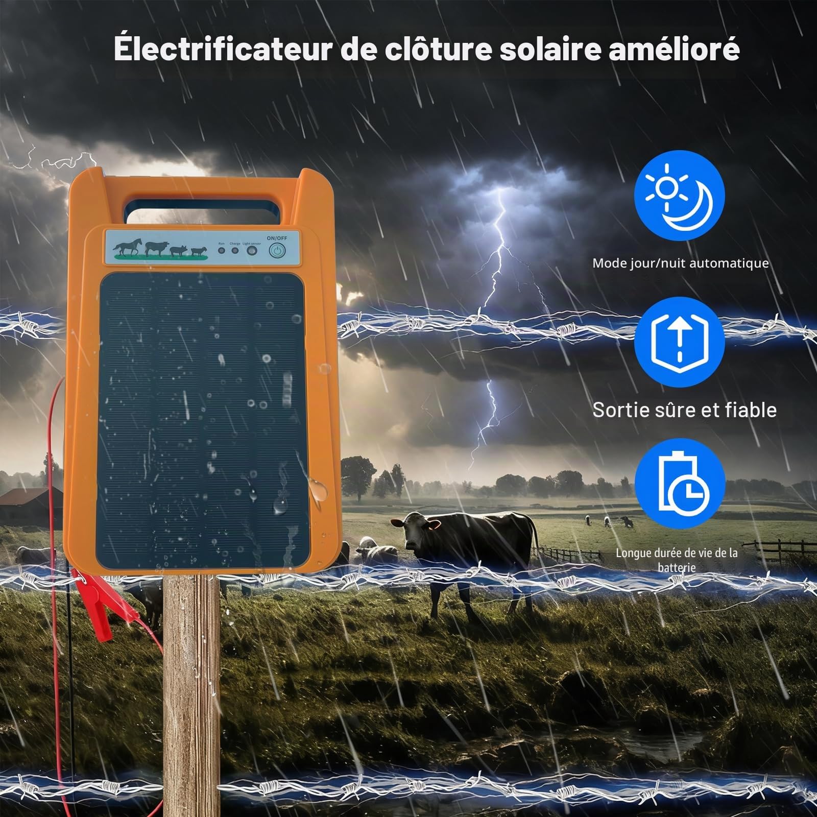 Chargeur solaire électrique pour clôture, 0,2 J 8 kV avec mode jour/nuit | Protection du bétail, clôture de volaille, sécurité du jardin, installation extérieure, fonctionnement à l'énergie solaire