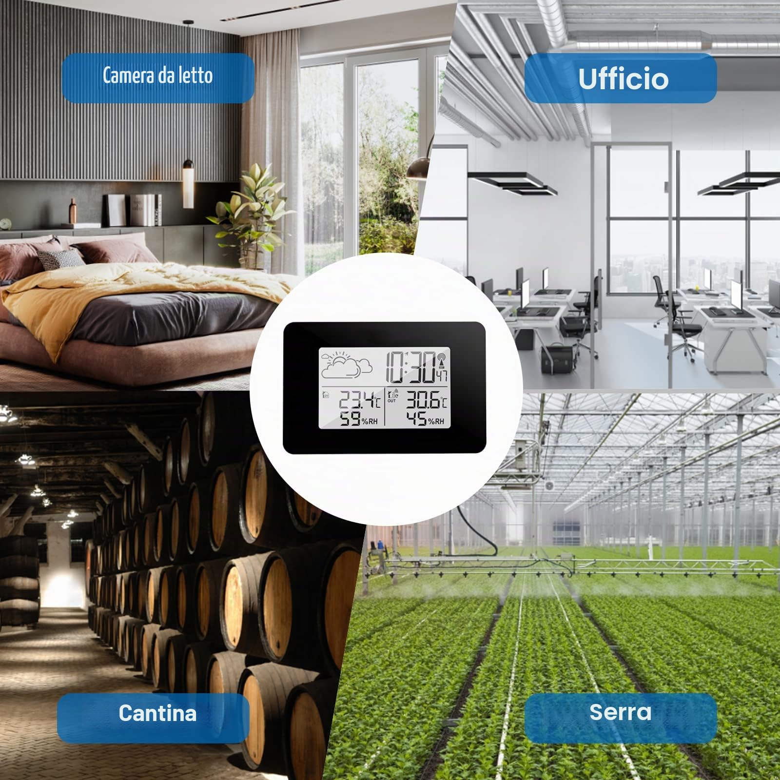 eMylo Stazione Meteo Radio con sensore Esterno, Termometro Digitale LCD Ambiente Interno Esterno - Igrometro Umidità con Retroilluminazione e Previsioni Meteo per Casa Camera da letto Giardino