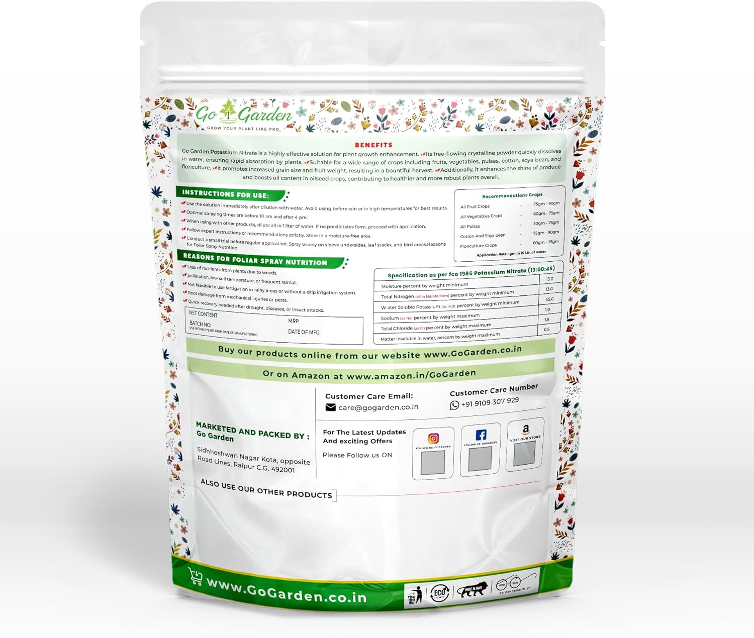 Go Garden Potassium Nitrate KNO3 NPK 13-0-45 Fertilizer | 100% Water Soluble Crystalline Powder | Multi-Purpose for Indoor & Outdoor Plants | Enhances Growth & Resistance | 900 G