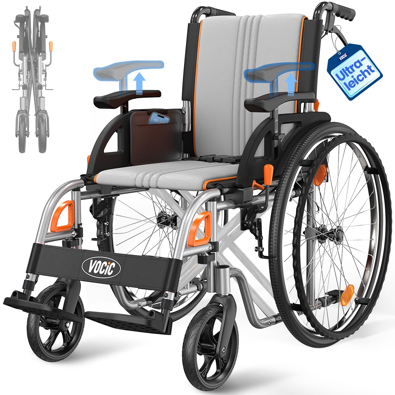 VOCIC U32 Silla de Ruedas Plegable Autopropulsable Ligera | Silla ruedas transporte 14.5KG hasta 136KG,ruedas 60CM antipinchazos,doble freno,reposabrazos ajustables (Gris)