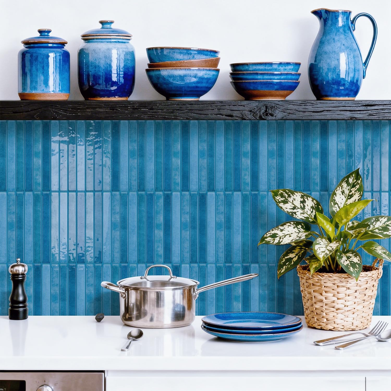 20 Sheets Marble Effect Tile Stickers, Peel and Stick on Tiles for Kitchen Bathroom Wall Backsplash Vinyl Waterproof Self Adhesive Tile Decals Covers (Blue)