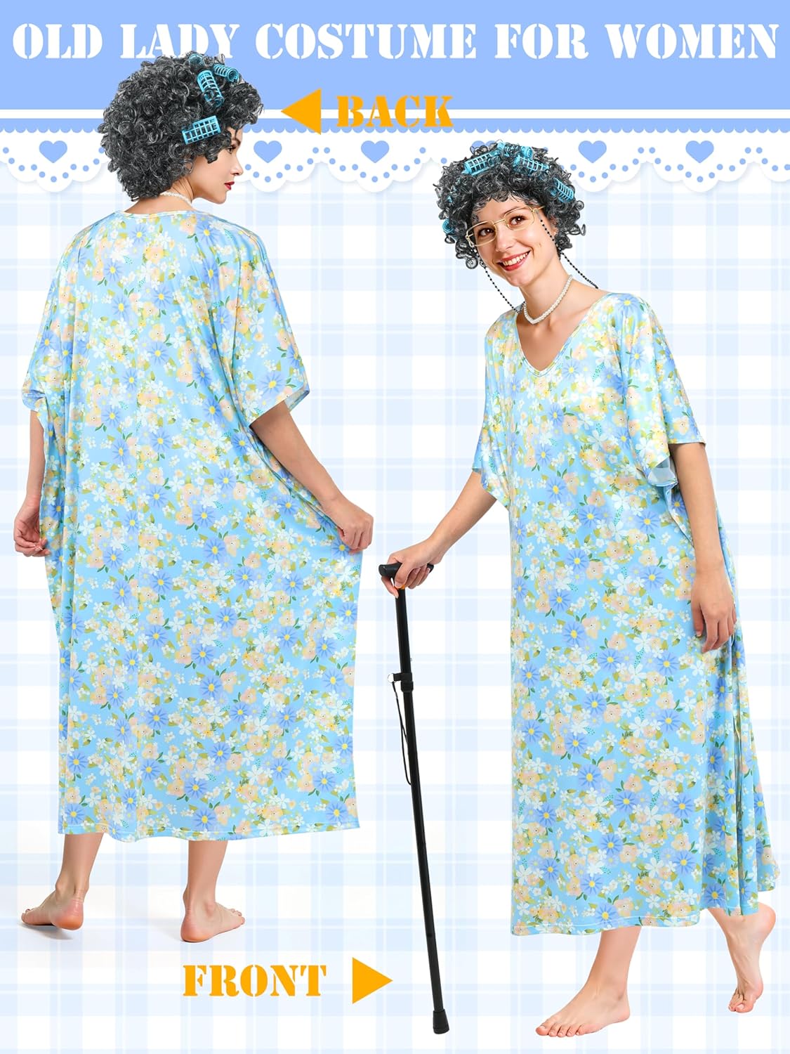 SOMSOC 5 Pack 100 Days of School Old Lady Costume for Women Grandma Costume Dress with Curly Wig Glasses Necklace for Cosplay - Image 6