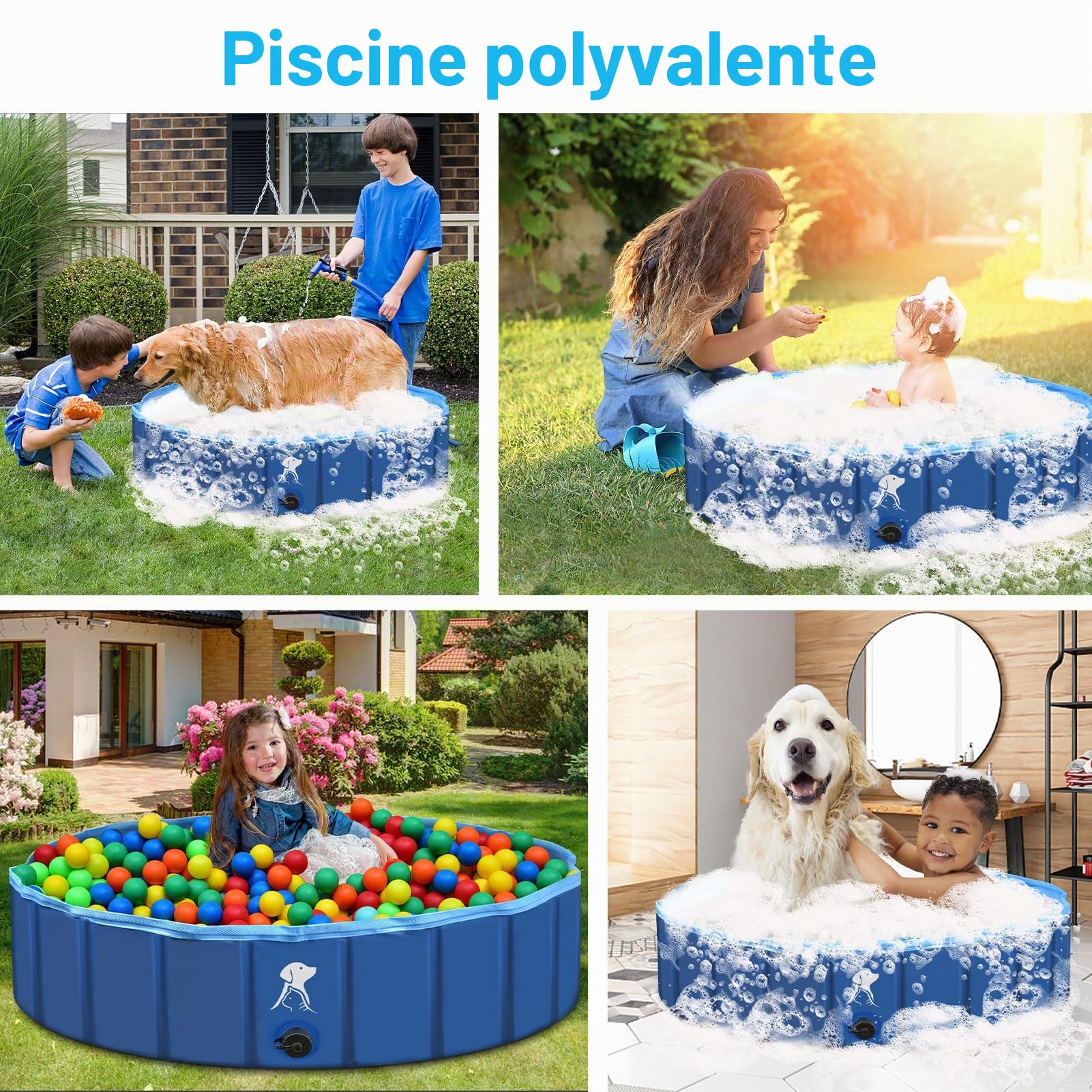 Fwiull - Piscine pour Grands Chiens et Petits Chiens - Pataugeoire Pliable et transportable - 80 x 30 cm - Stable et antidérapante - pour Animaux de Compagnie, Enfants - Bleu