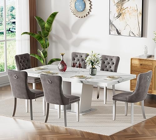 Miniatura 31 de SSLine Juego de mesas de comedor extensibles de 94.5 pulgadas para 6 personas, juego de mesa de comedor de 7 piezas, modernas mesas de cocina Blanco