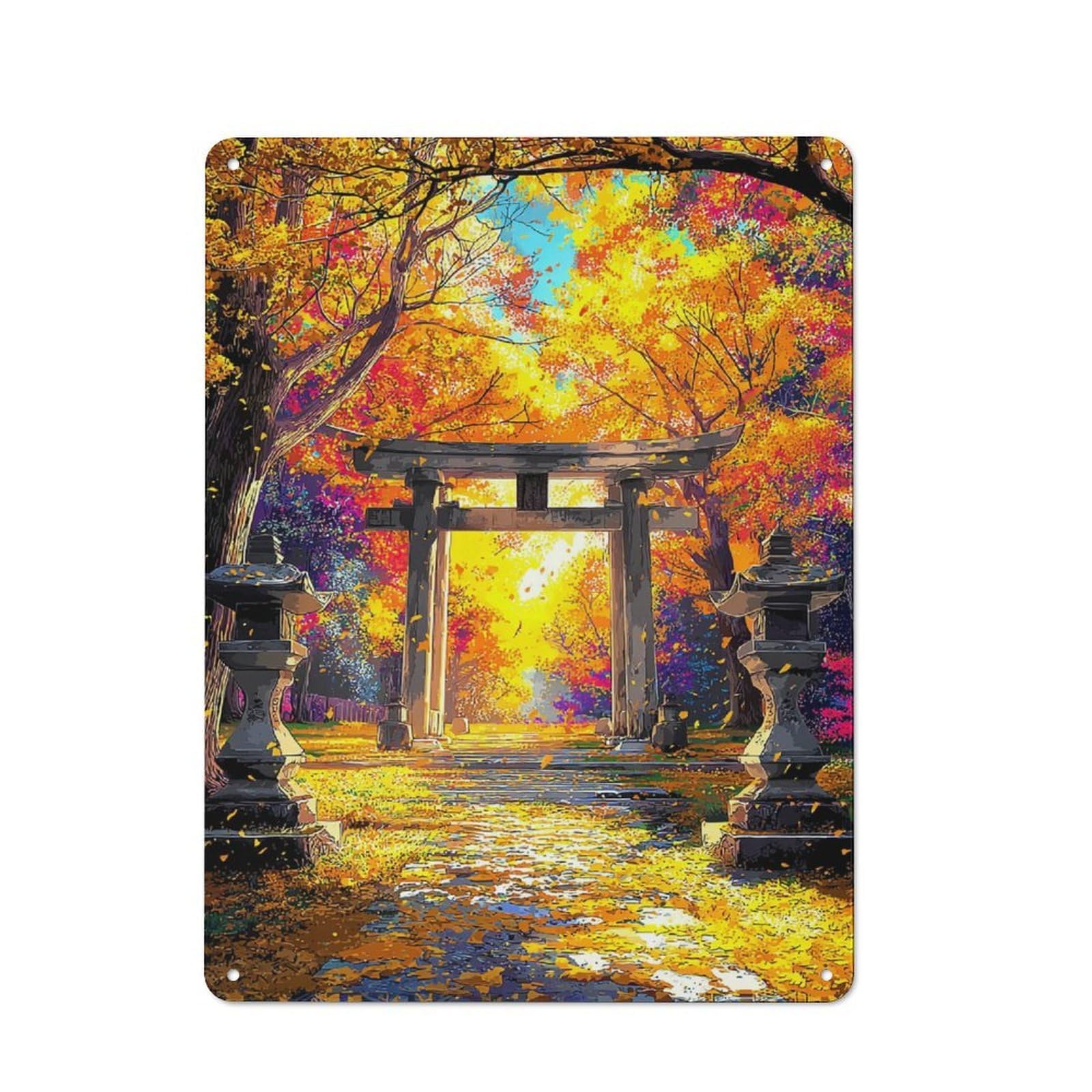 Junmoney Autumnal Torii Gate Serenity Tin Wall Plaque 40X30cm With For Hallway Wall, With Clear Retro Wall Decor Character