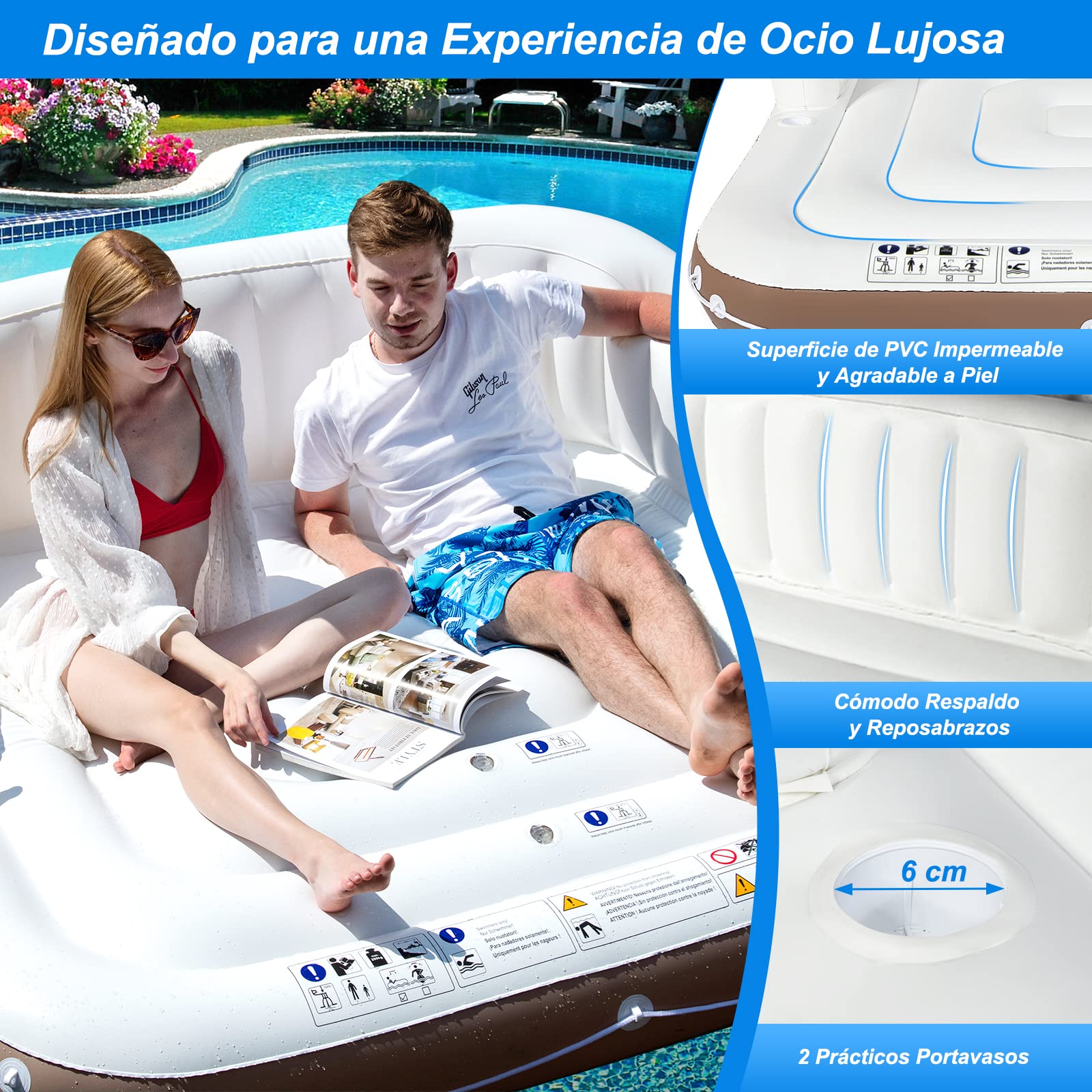 COSTWAY Isla Hinchable con Toldo para 2 Adultos, Toldo Retráctil y Removible, 2 Portavasos, Flotador de Piscina Interior y Exterior con Protección UPF50+, Soporta hasta 200 kg
