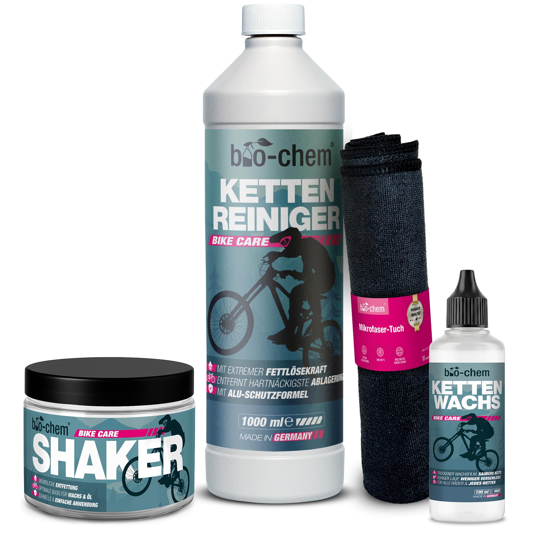 bio-chem Kettenwachs-System SET 4-teilig | Kettenreiniger 1 L, Kettenwachs 100 ml, Reinigungs-Shaker & Mikrofasertuch | Für Rennrad, MTB & E-Bike