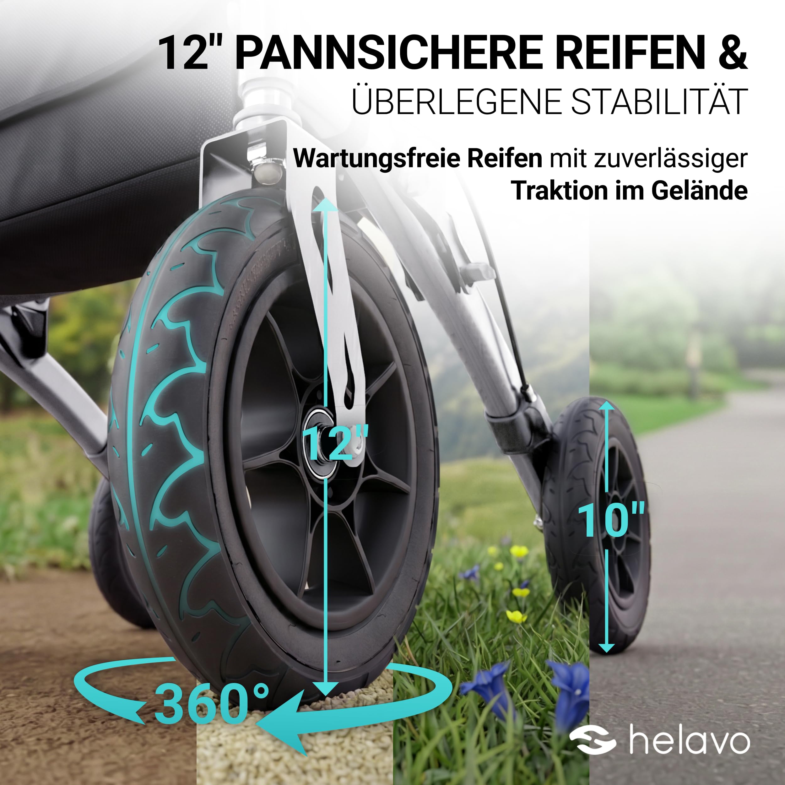 Helavo Rollator mit Pannensicheren Vollgummireifen für Draußen - Faltbarer Aluminium Outdoor-Rollator mit Sitz - Maximale Mobilität & Komfort im Außenbereich | 12" Vollgummibereifung für maximalen Komfort - Faltbarer Aluminium-Rollator für Draußen - Mit S