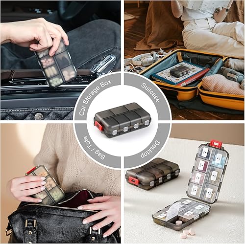Vista 7 de 14 GRIDS Travel Pill Organizer Box with Labels - Travel Medicine Case Kit - Pocket Daily Pharmacy Container - Travel Medication Holder Dispenser for