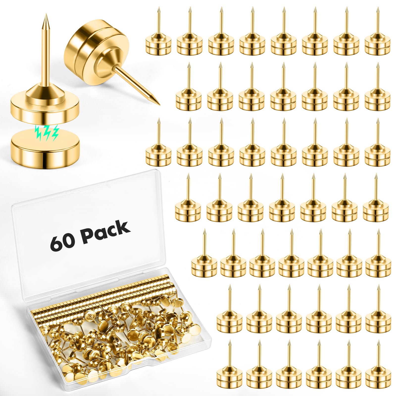 60 Sets of Gold Magnetic Push Pins, Flat Poster Hanger, Cute Push Pins for Corkboard,Thumb Tacks for Wall Hangings, Decorative Pushpins for Bulletin Board