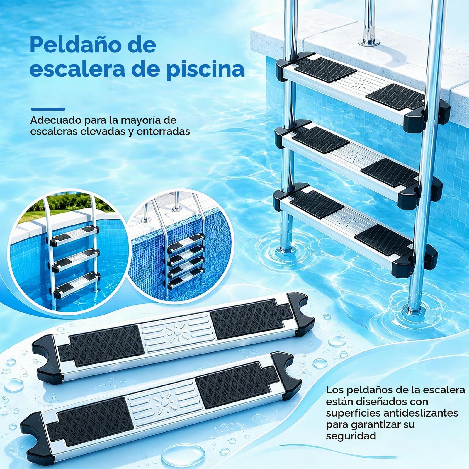 Peldaños para Escaleras de Piscina, Juego de 2 Peldaños Antideslizantes Repuesto de Acero Inoxidable Pedal Universal para Escalera Accesorio Antideslizante Piezas para Escaleras de Piscina