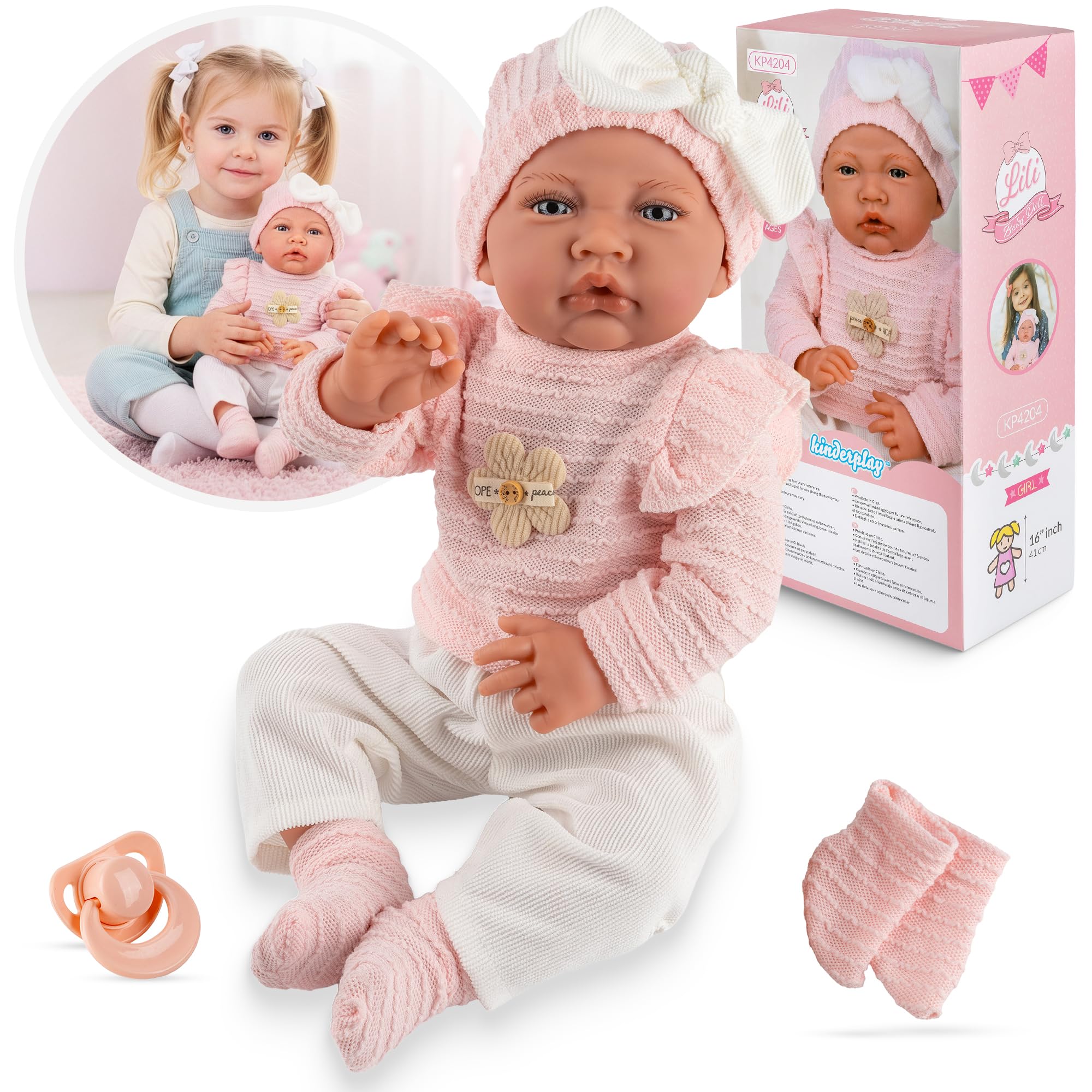 Kinderplay Lili Babypuppe 41 cm, realistische Weichkörperpuppe mit Geräuschfunktion und Schnuller, rosa Outfit, waschbare Kleidung, interaktive Puppe ab 3 Jahren, CE, Modell KP4204