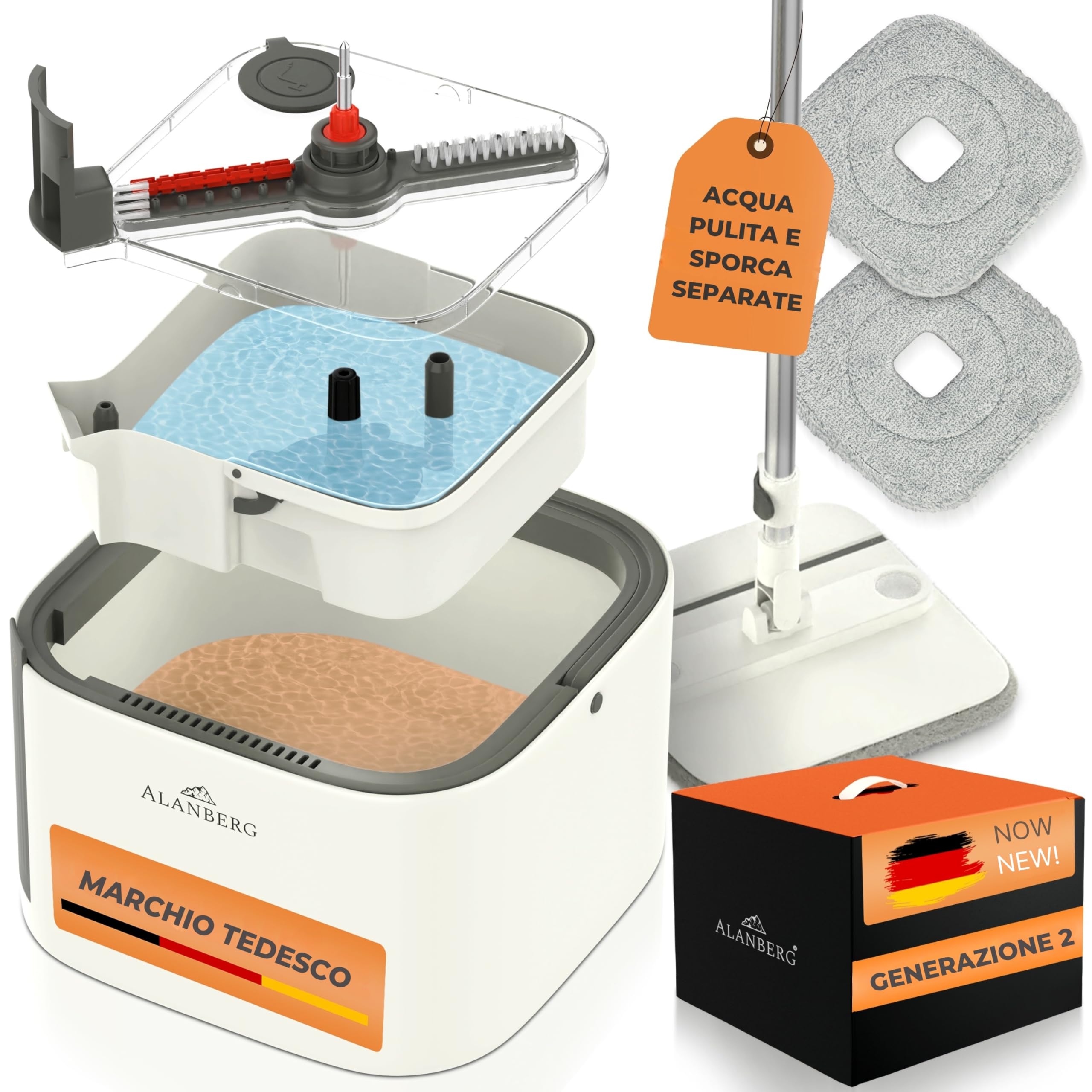 Set Lavapavimenti e Secchio per Pulizia – Gen 2 – 2 Scomparti, Secchio Rimovibile, Mocio Piatto Autoestrizzante 360°, Rullo Raccoglipeli, 2 Panni Riutilizzabili, Bianco – ALANBERG®