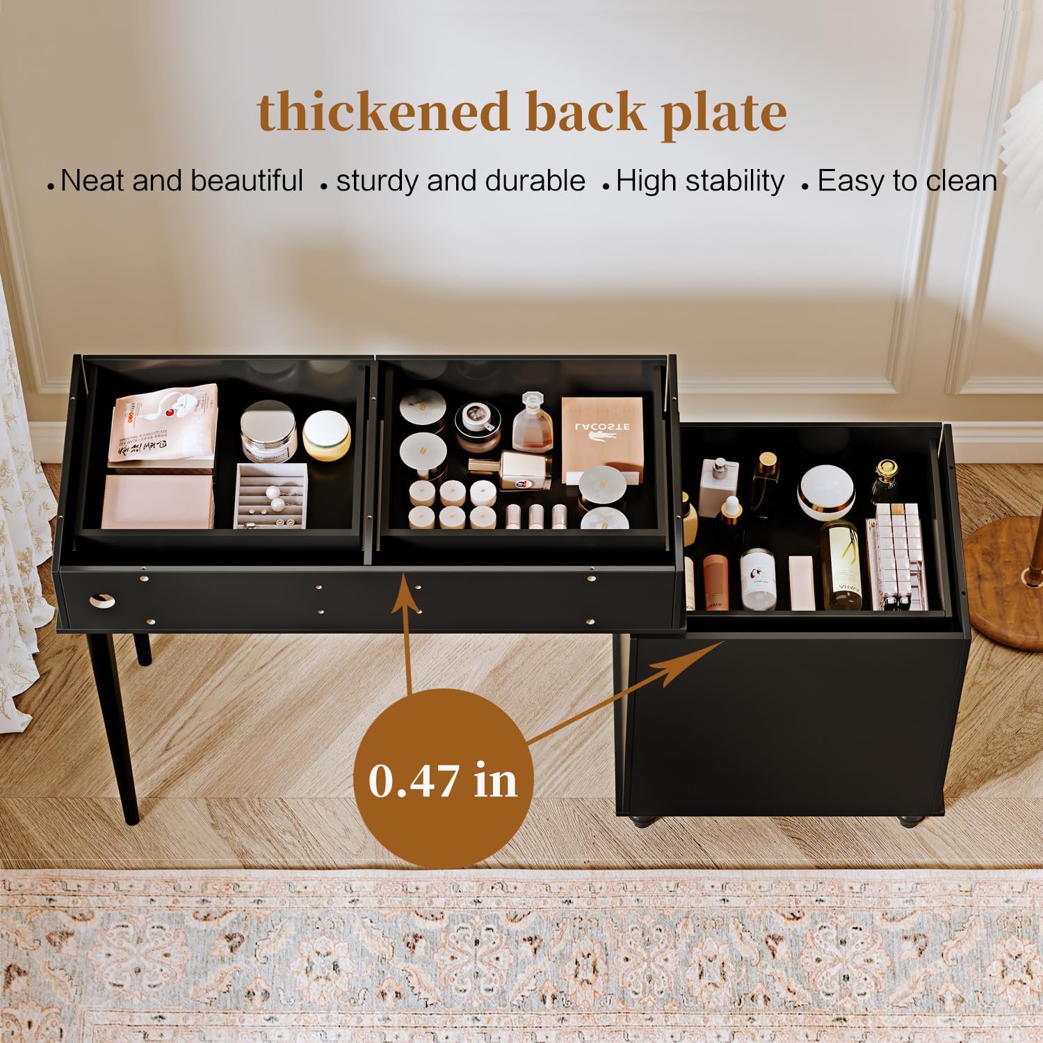 Escritorio negro con espejo y luces, tocador de maquillaje con toma de corriente y gabinete ajustable, mesa de maquillaje moderna con 3 cajones para dormitorio sala de maquillaje 3
