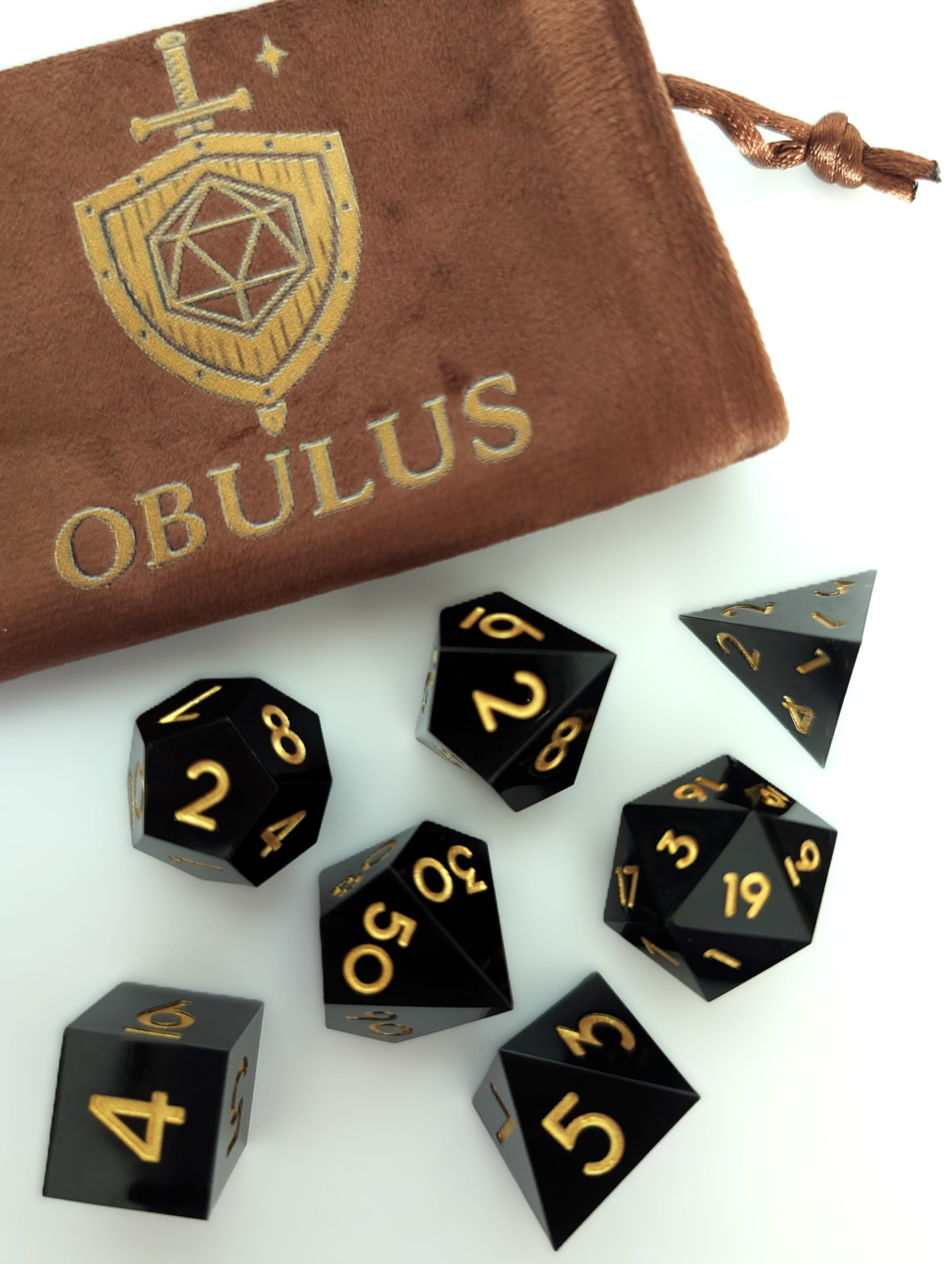 OBULUS, Set of 7 RPG Polyhedral Dice (D4-D6-D8-D10-D12-D20-D%), Black & Gold Roleplay Dice with Velvet Pouch, Accessories DND - Image 3