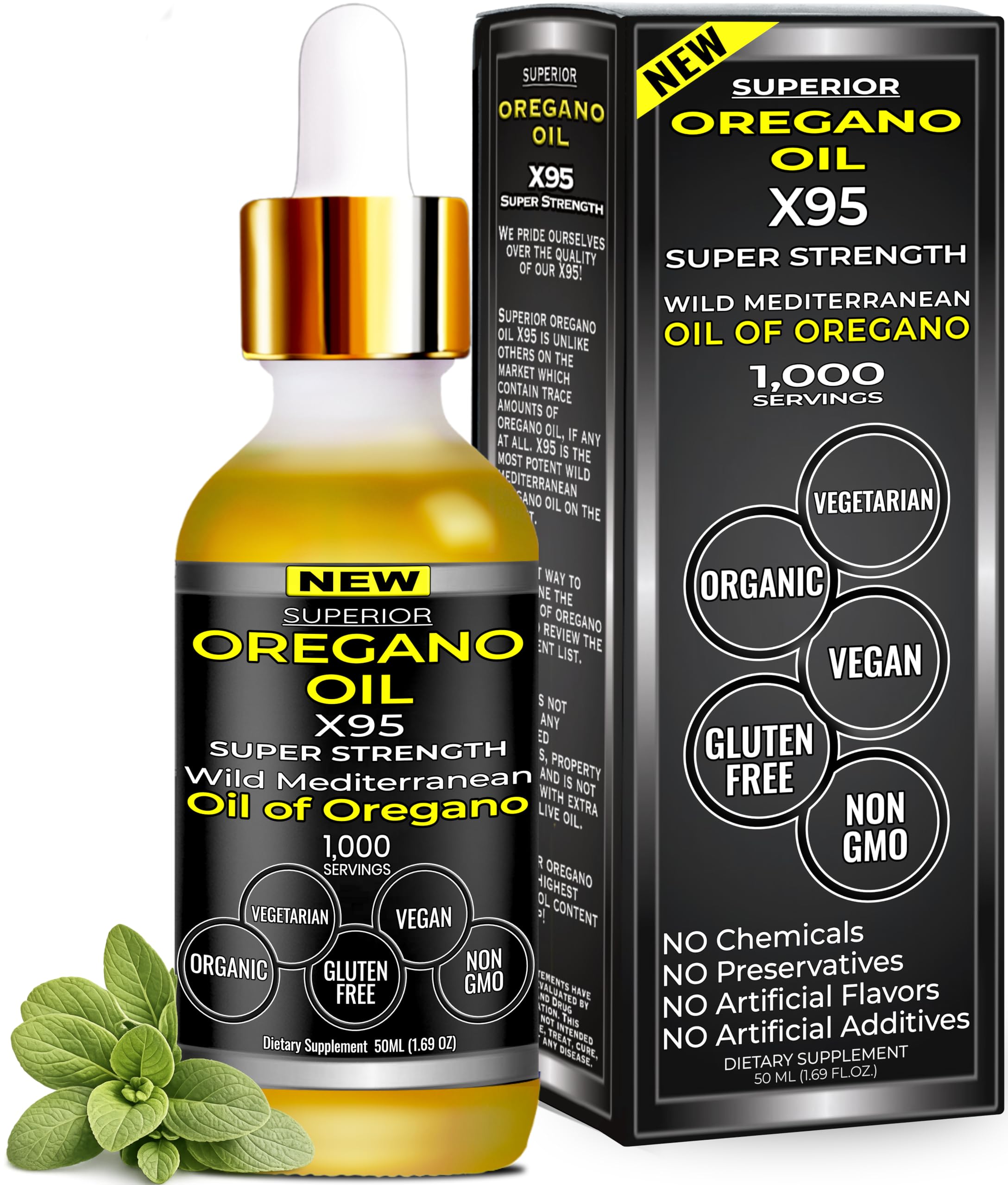 Organic Oregano Oil Drops - 1,000 Servings, 12 Month Supply, Wild Oil of Oregano 9X Carvacrol, Immune & Digestive Support, Non-GMO, Food Grade Herbal Supplement, Alternative to oil of Oregano Tincture