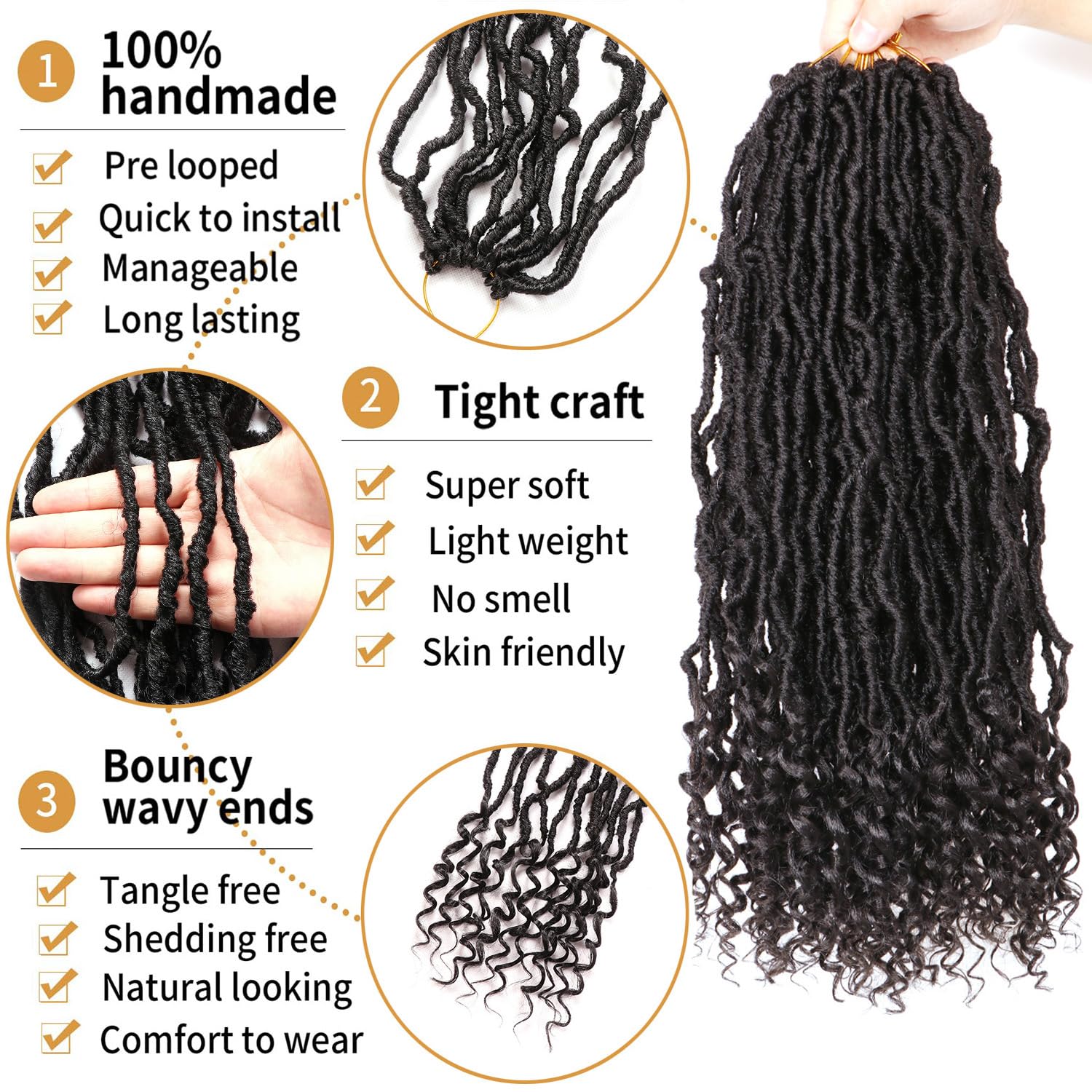 Faux Locs Crochet Hair-Soft Locs Crochet Braids Hair Extensions Goddess Braids Extensions Hair (#1B, 18Inch (Pack of 8) curly end) - Image 3